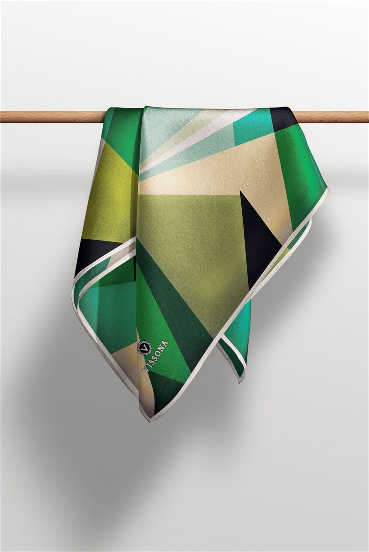 %100 Twill İpek Geometrik Desenli Zümrüt Yeşili Renkli 90x90 Eşarp Dikim Şekli : El Dikişi