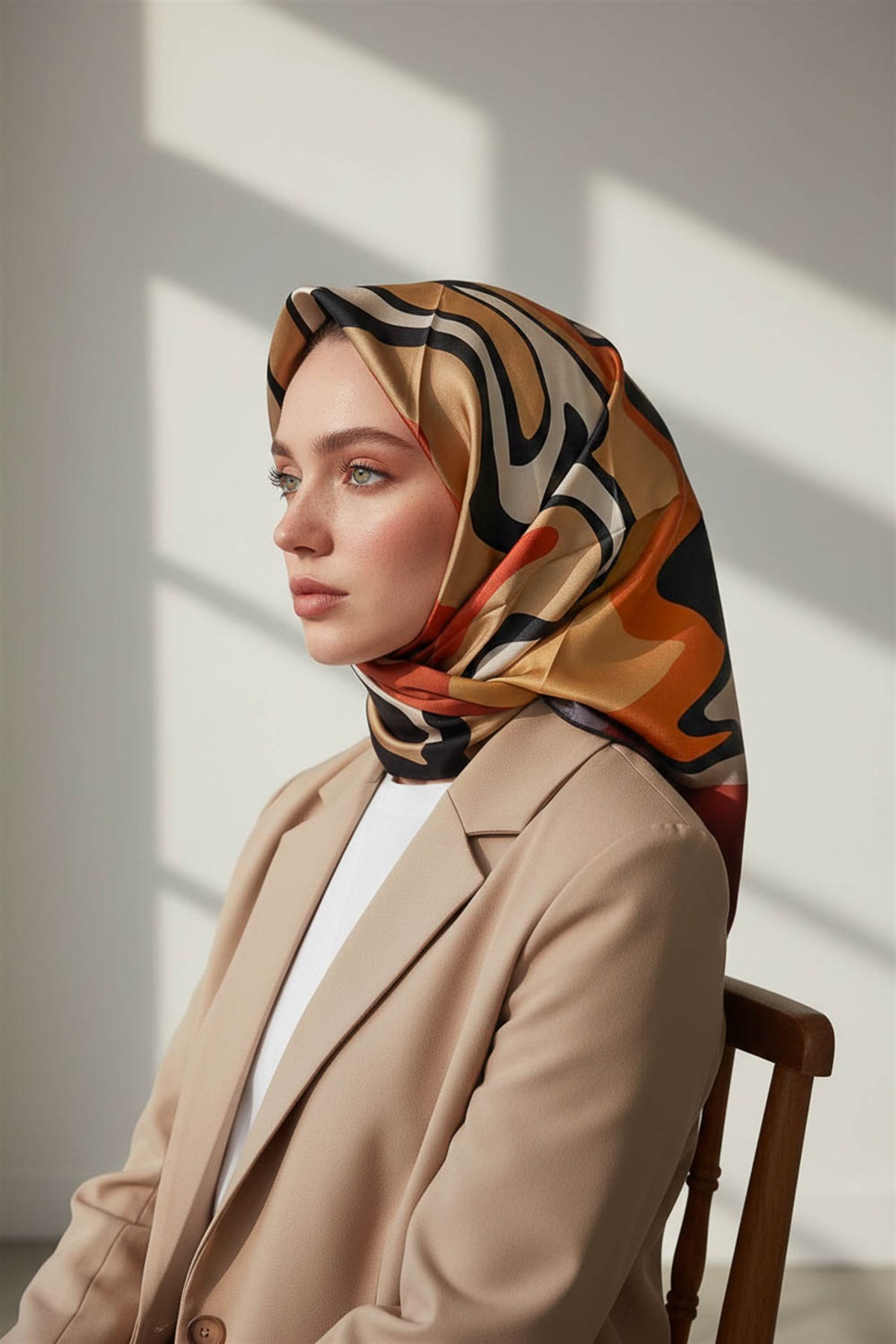 100% Twill İpek Dalga Desenli Hardal - Taba Renkli 90x90 Dikim Şekli : El Dikişi Eşarp