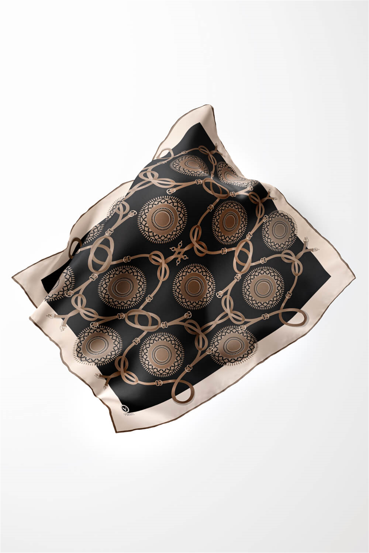 Twill Kemerli Ve Geometrik Desenli Bej Renkli 90x90 Eşarp (İpek İçermez) Kenar Dikiş Şekli El Dikişli