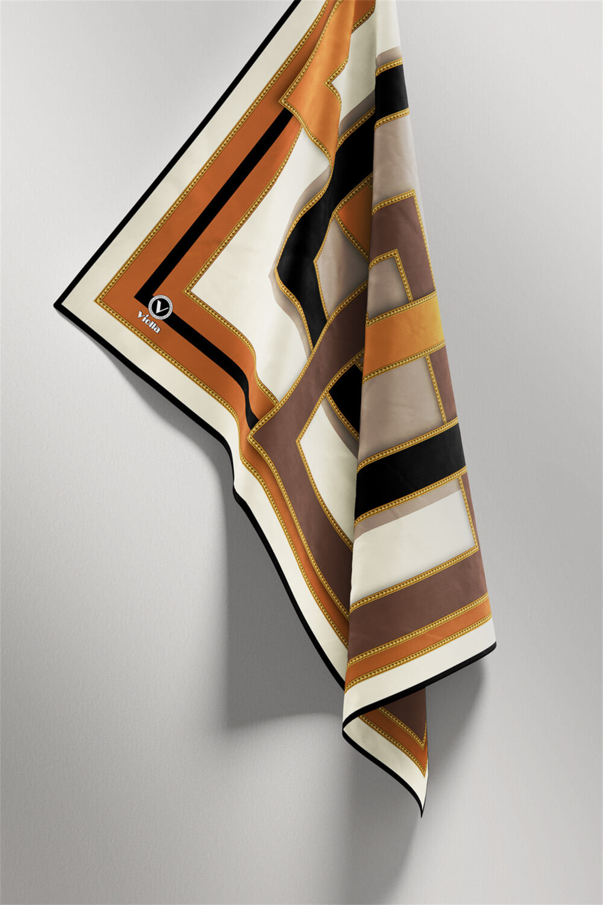 Twill Çerçeve Desenli Taba - Siyah Renkli 90x90 Eşarp (İpek İçermez) Kenar Dikiş Şekli El Dikişli