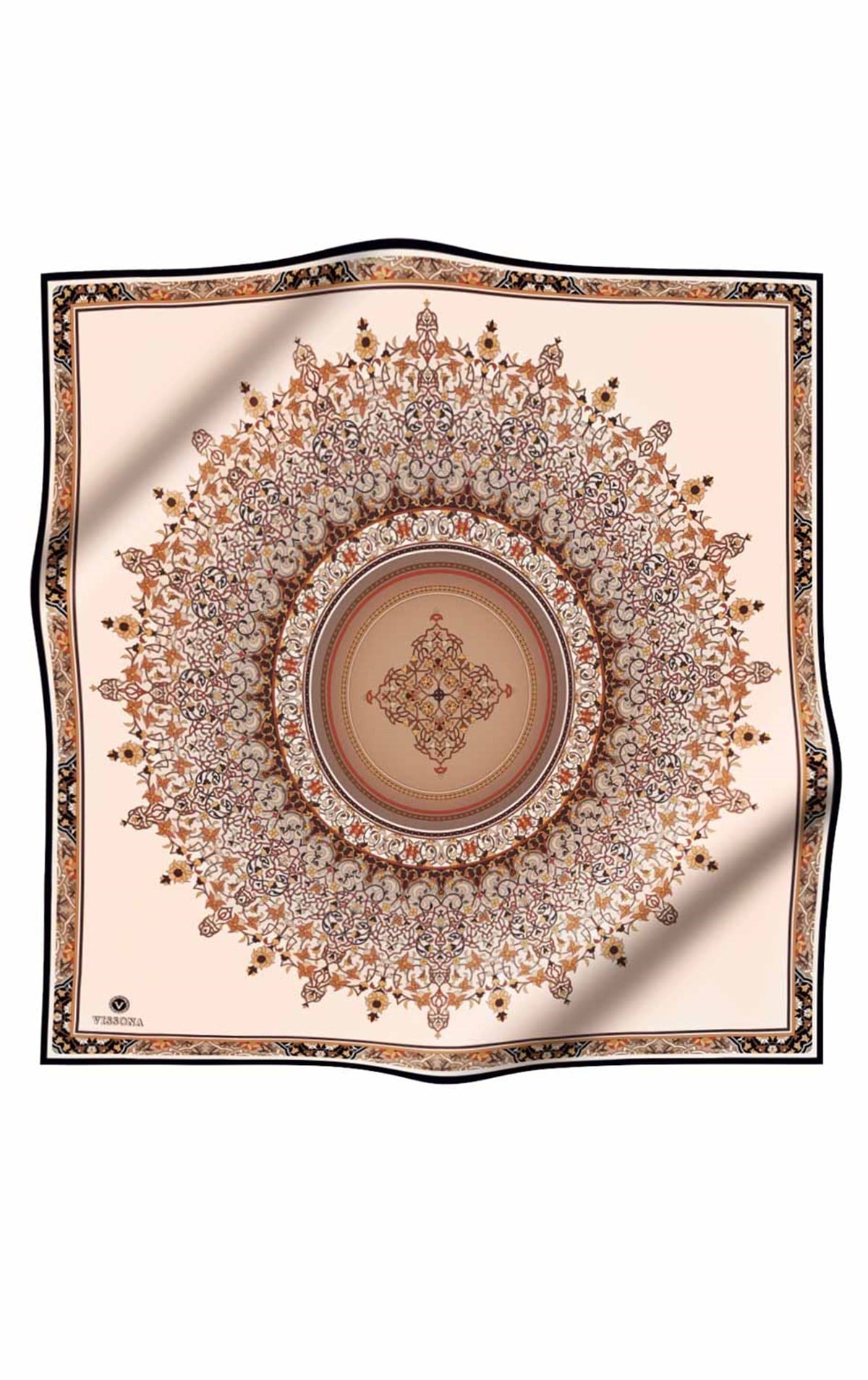 %100 Twill İpek Şal Desenli Bej Renkli 90x90 Eşarp Dikim Şekli : El Dikişi