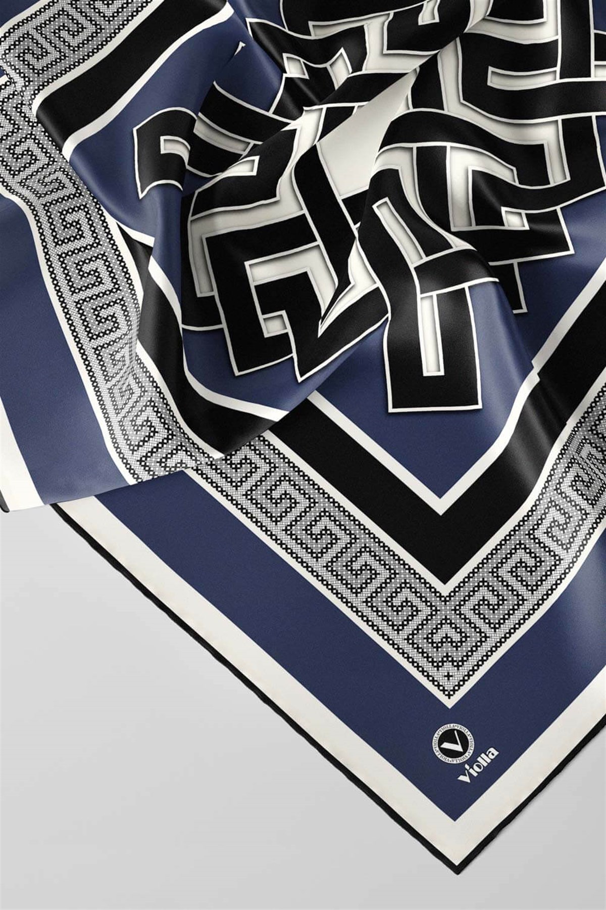 Twill Çizgili Sonsuzluk Düğümü Desenli İndigo Renkli 90x90 Eşarp (İpek İçermez)