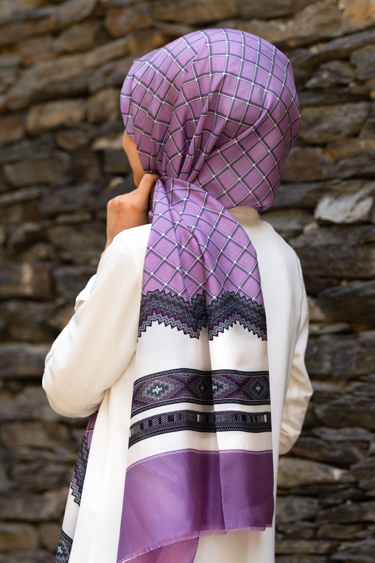 %100 İpek Etnik Desenli Lila - Krem Renkli 92x210 Şal