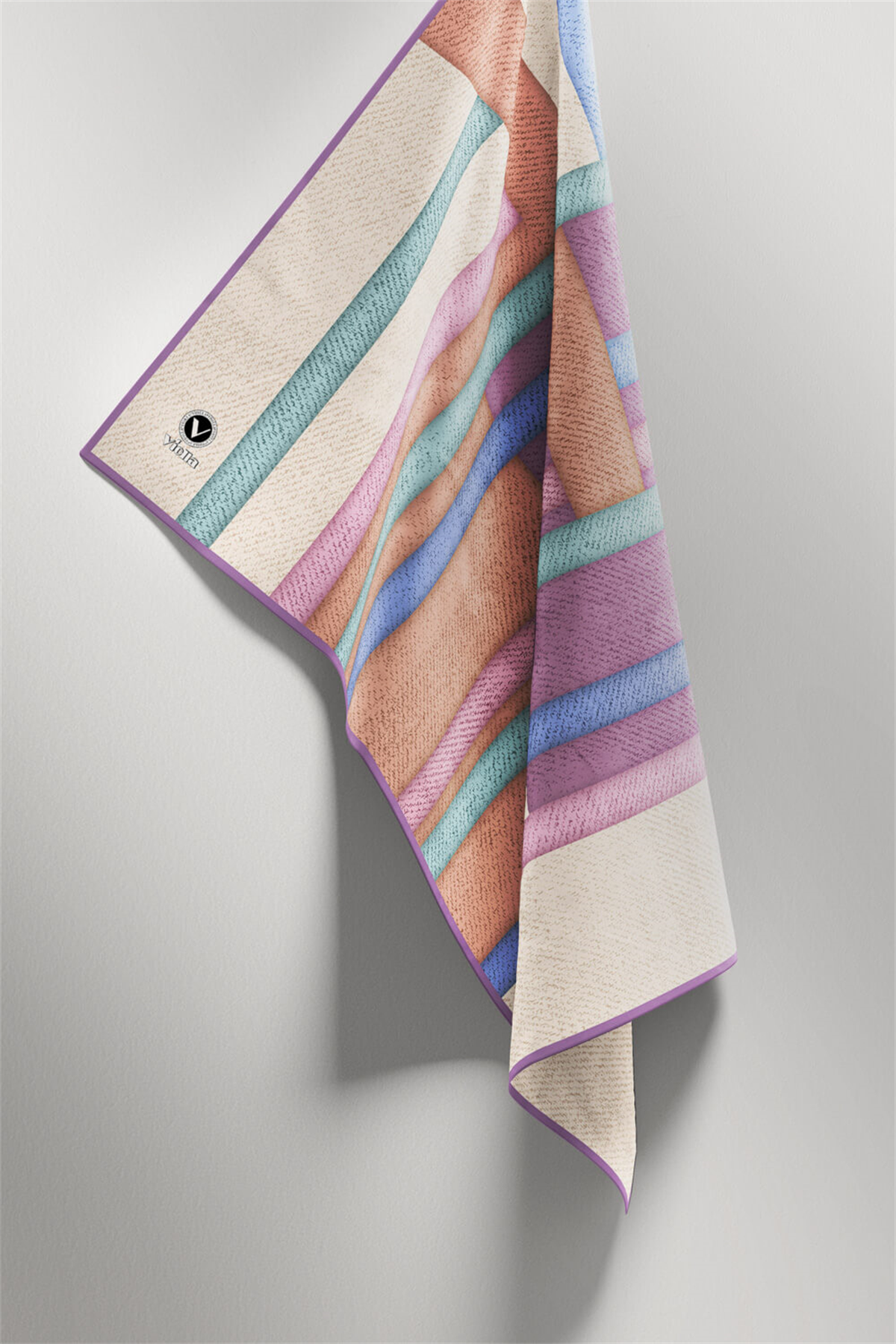 Twill Renkli Şerit Desenli Lila Renkli 90x90 Eşarp (İpek İçermez) Kenar Dikiş Şekli El Dikişli