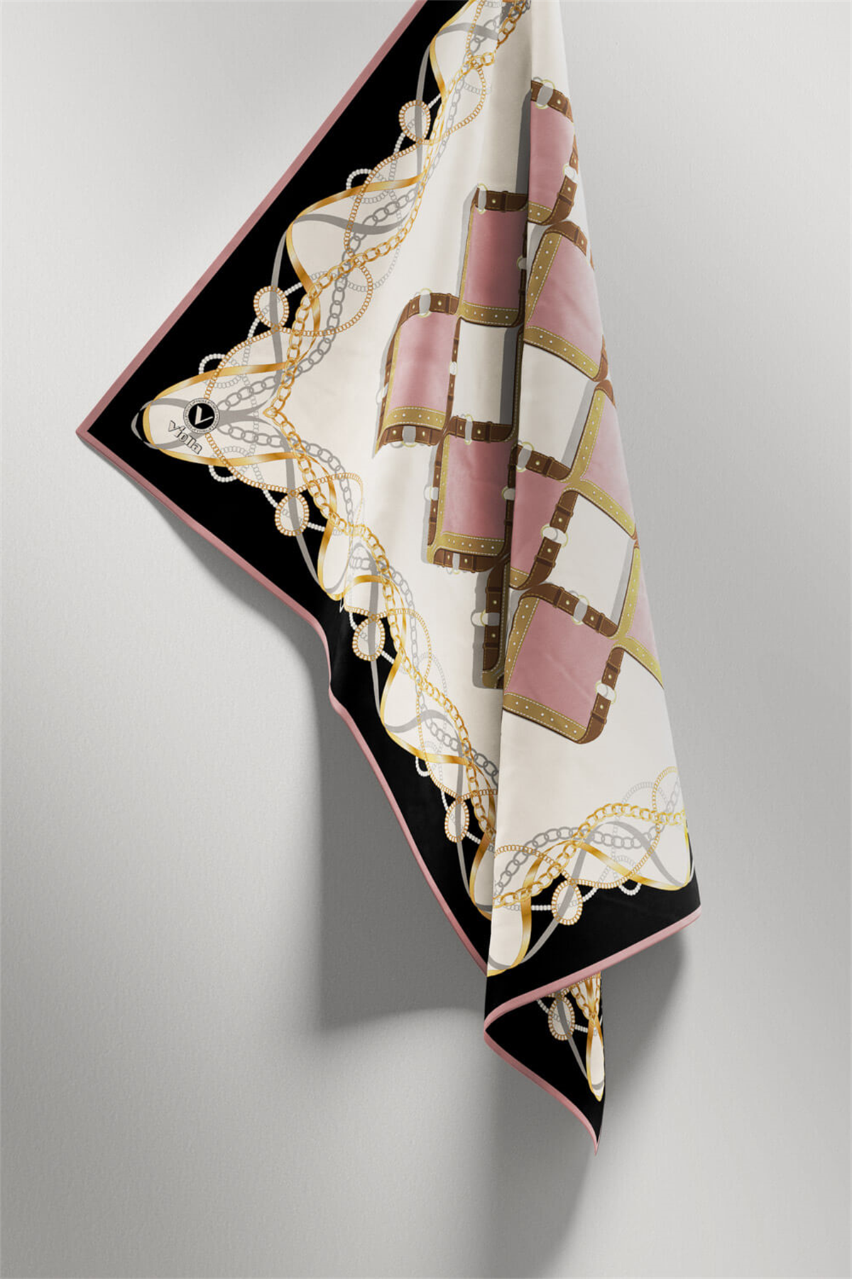 Twill Kemer Ve Zincir Desenli Pudra Renkli 90x90 Eşarp (İpek İçermez) Kenar Dikiş Şekli El Dikişli