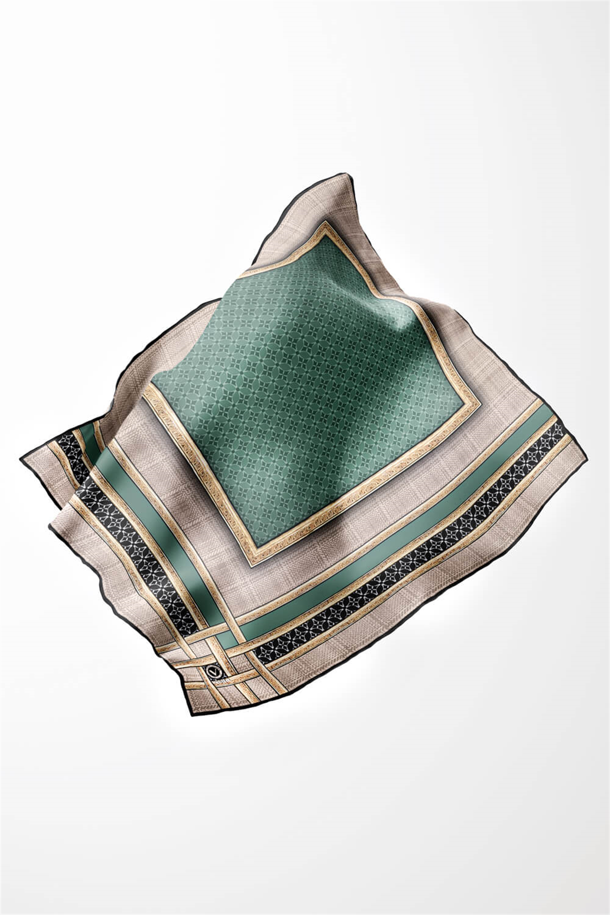 Twill Gold Bordürlü Geometrik Desenli Petrol Yeşili Renkli 90x90 Eşarp (İpek İçermez) Kenar Dikiş Şekli El Dikişli