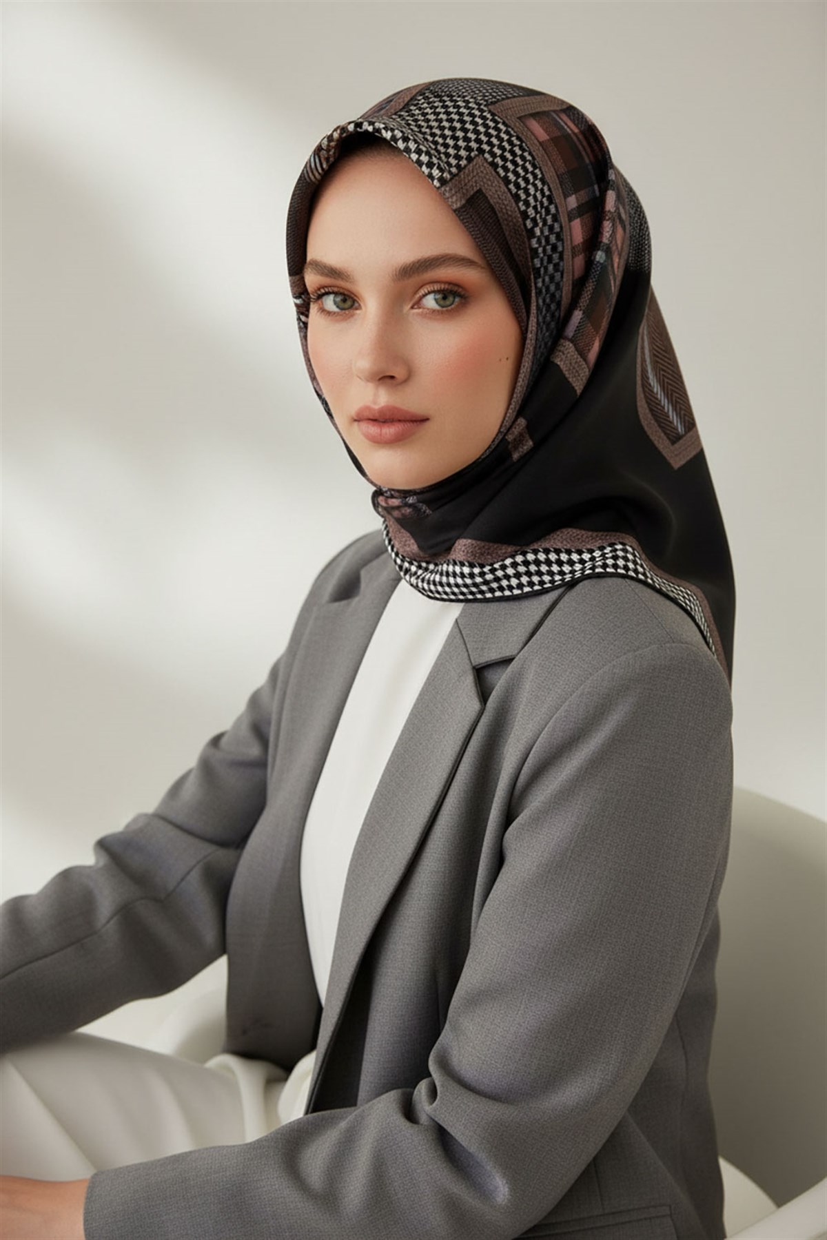 %100 Twill İpek Kazakayaklı Ve Ekose Desenli Siyah - Pudra Renkli 90x90 Eşarp Dikim Şekli : El Dikişi