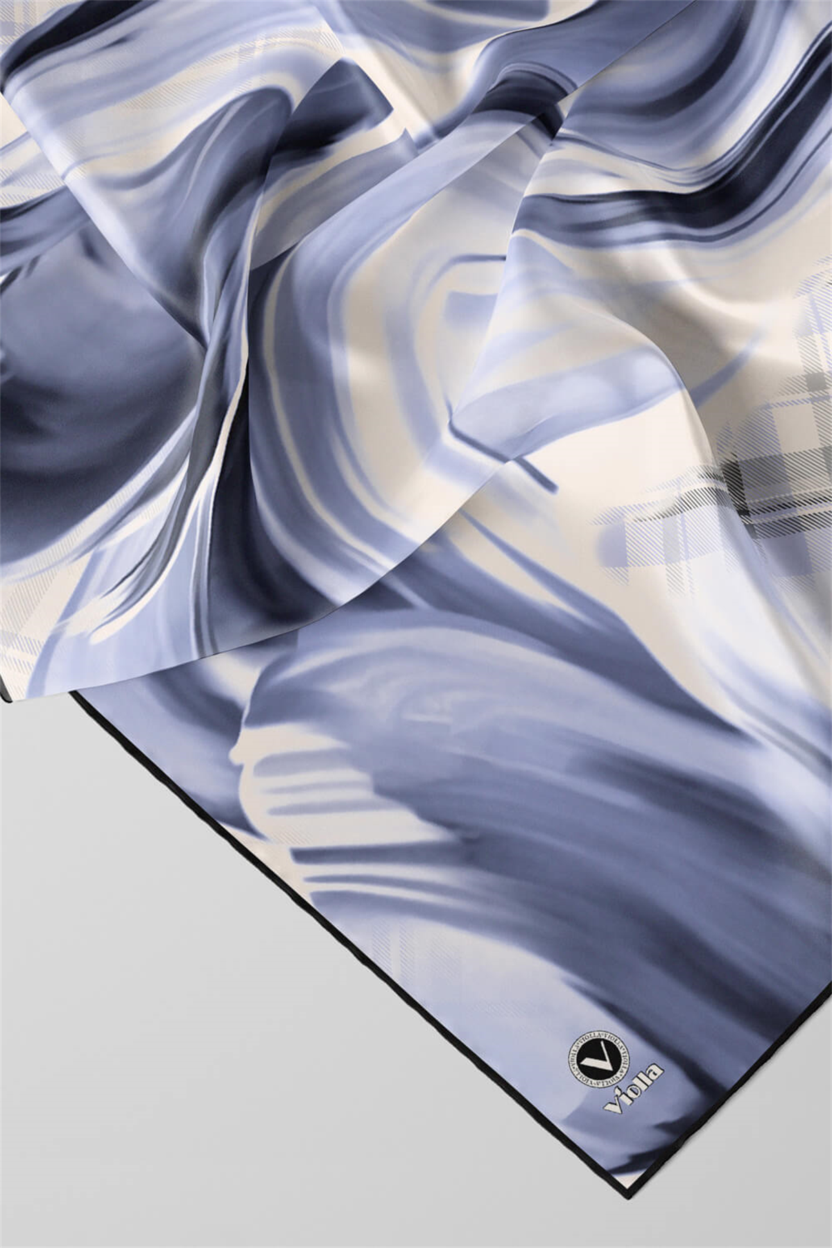 Twill Dalga ve Ekose Desenli İndigo Renkli 90x90 Eşarp (İpek İçermez)Kenar Dikiş Şekli El Dikişli