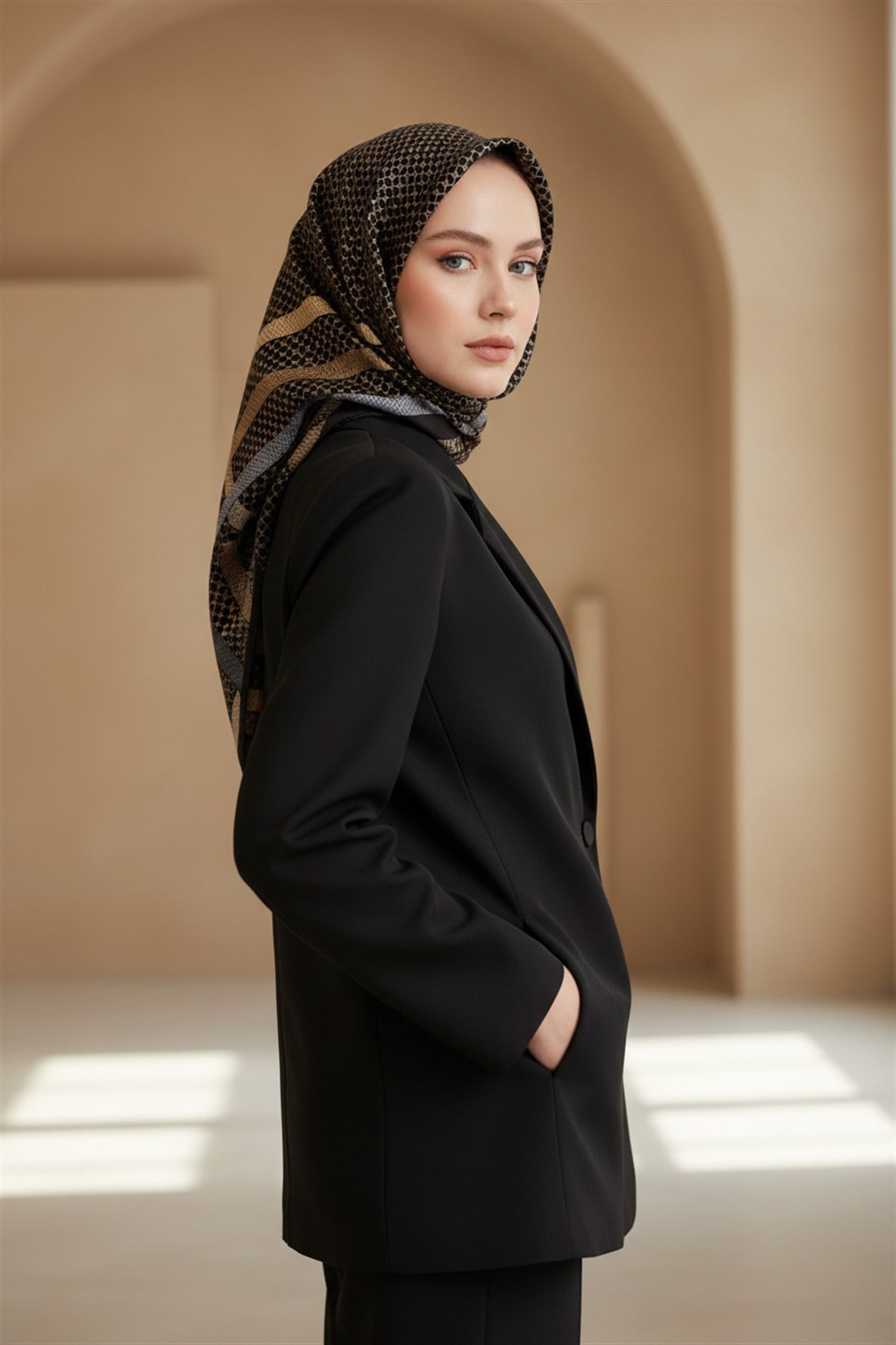%100 Twill İpek Bantlı Monogram Desenli Siyah - Gold Renkli 90x90 Eşarp Dikim Şekli : El Dikişi