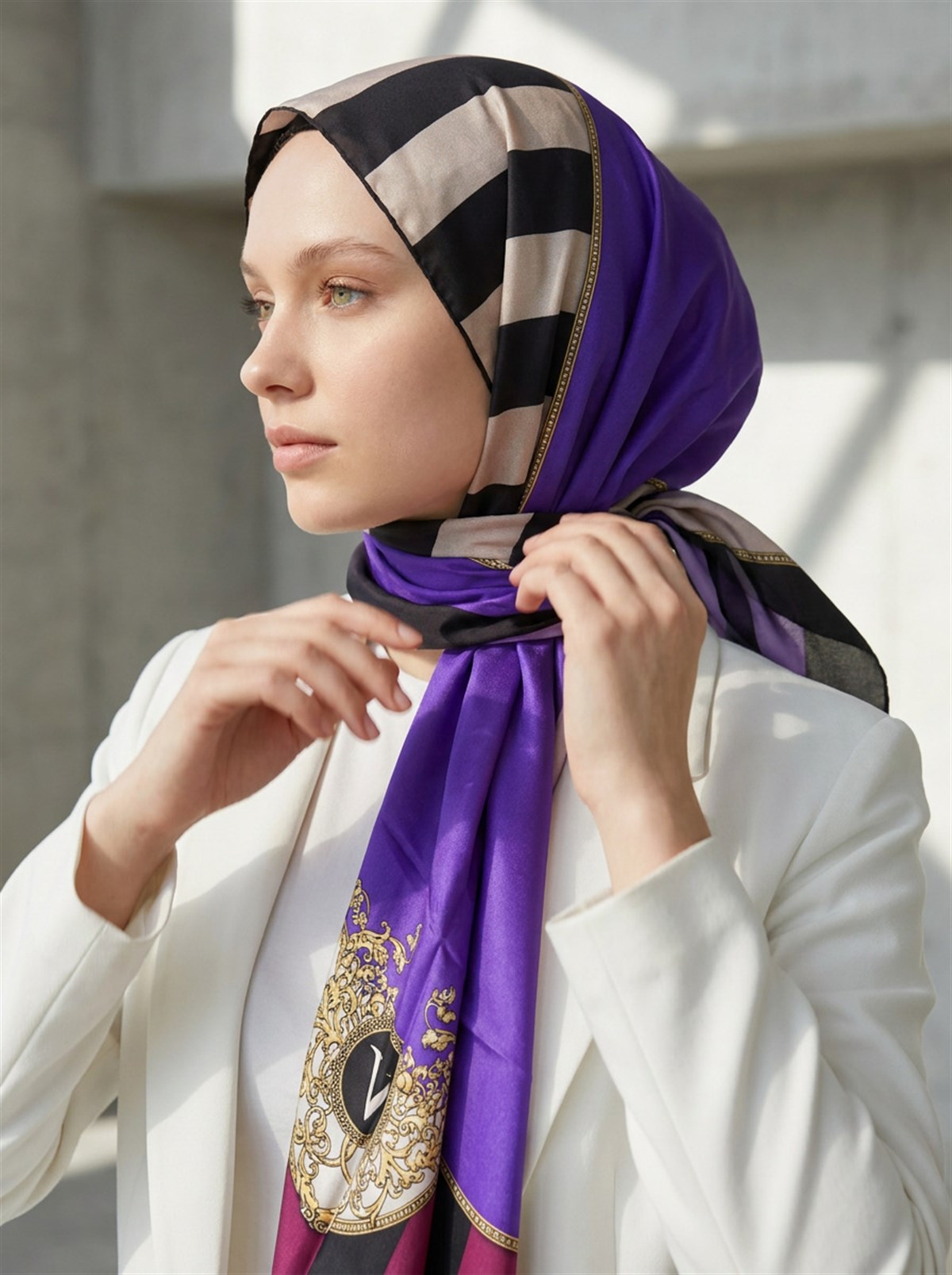 %100 Saf İpek Şal İnce Saten Vual Dokuma Şerit Ve Varak Desenli Mor - Lila Renkli 90x210 Şal
