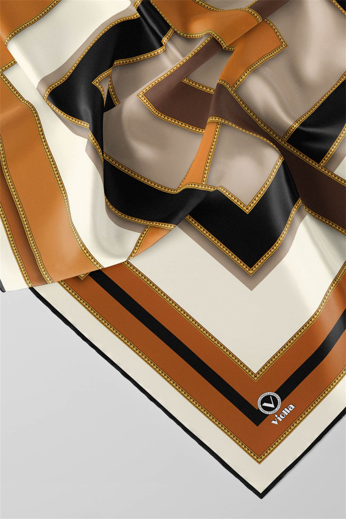 Twill Çerçeve Desenli Taba - Siyah Renkli 90x90 Eşarp (İpek İçermez) Kenar Dikiş Şekli El Dikişli