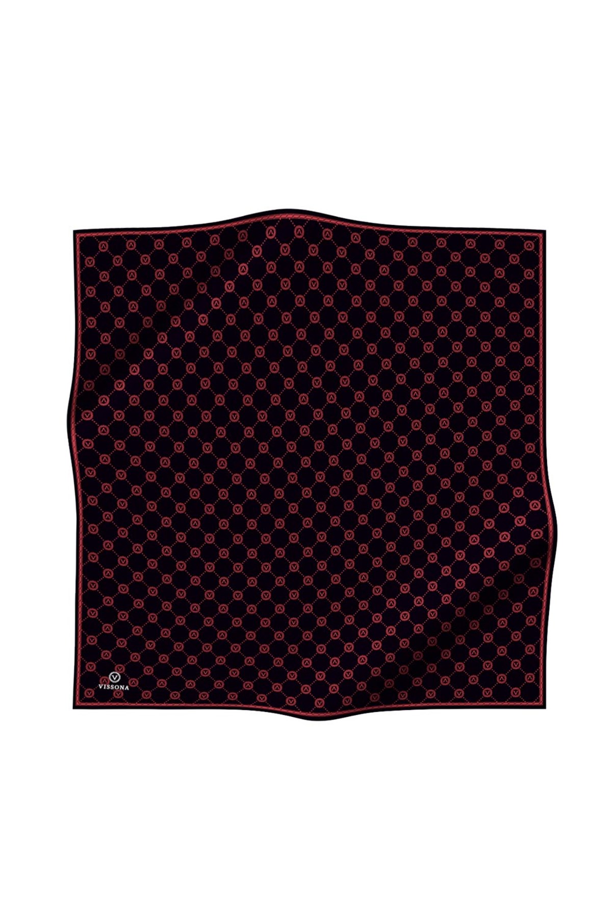%100 Twill İpek Monogram Desenli Siyah - Kırmızı Renkli 90x90 Eşarp Dikim Şekli : El Dikişi