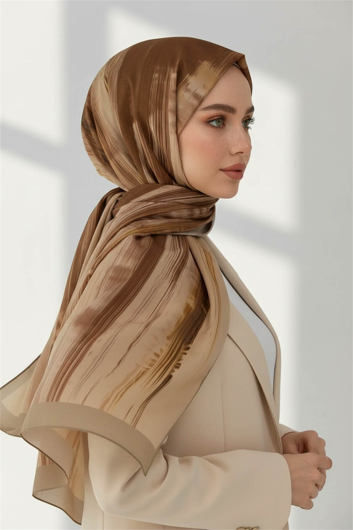 KREP ÇİZGİ DESENLİ HARDAL RENKLİ 75X195 KIRIŞMAZ ŞAL
