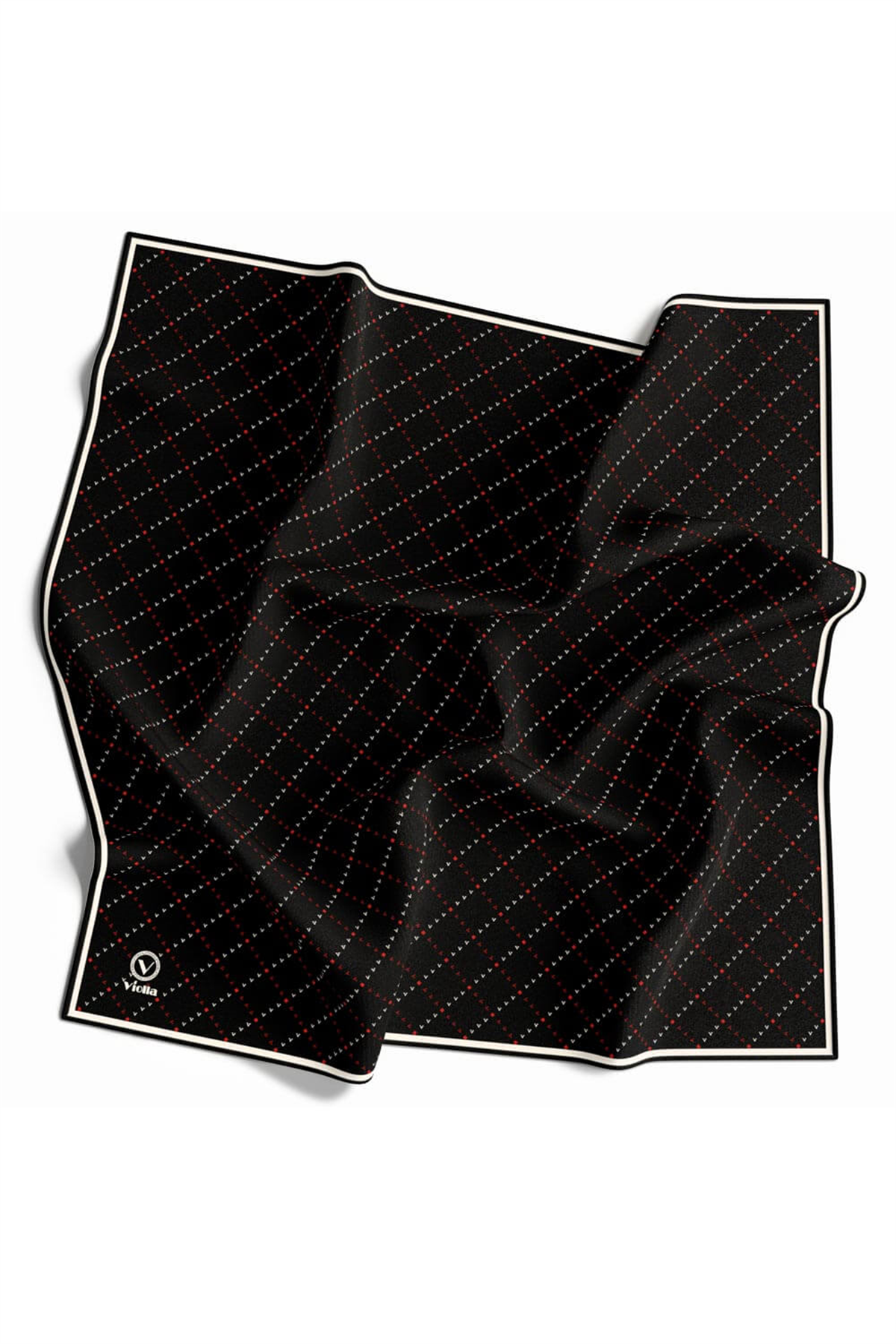 Twill Noktalı V Desenli Siyah - Bordo Renkli 90x90 Eşarp (İpek İçermez) Kenar Dikiş Şekli El Dikişli