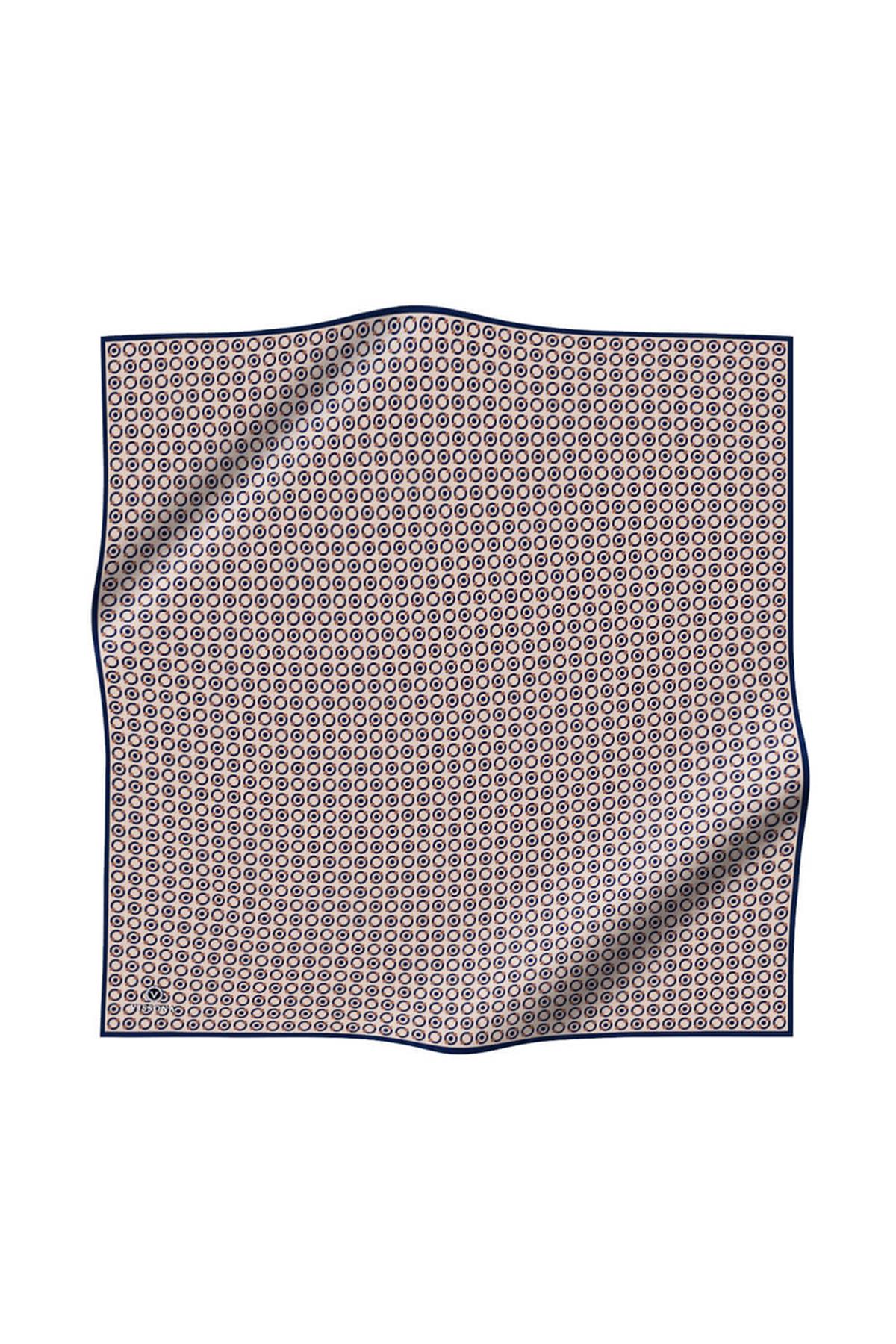 %100 Twill İpek Zincir Desenli Bej - Lacivert Renkli 90x90 Eşarp Kenar Dikiş Şekli El Dikişli