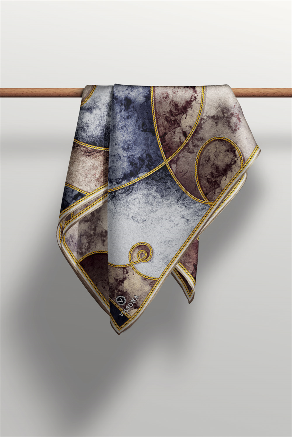 % 57 İPEK % 43 VİSKON Twill İpek Zincirli Mermer Desenli Bej - Gri Renkli 90x90 Eşarp Dikim Şekli : El Dikişi