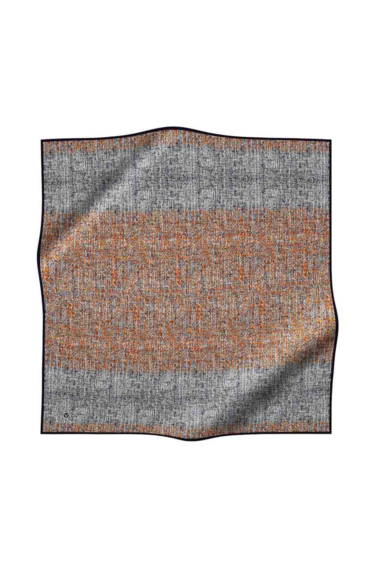 %100 Twill İpek Dokulu Desen Turuncu - Siyah Renkli 90x90 Eşarp Kenar Dikiş Şekli El Dikişli