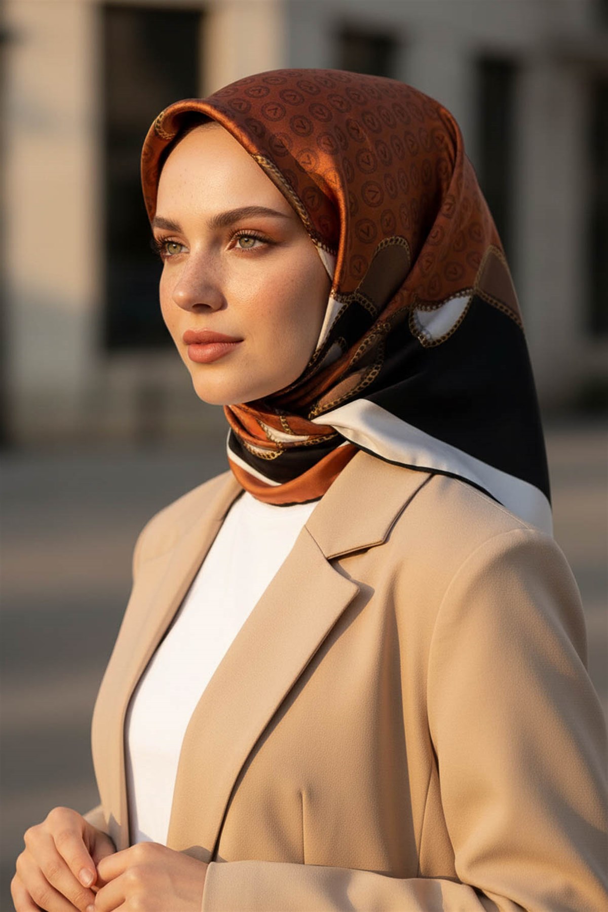 %100 Twill İpek Zincirli Ve Monogram Desenli Taba - Siyah Renkli 90x90 Eşarp Dikim Şekli : El Dikişi