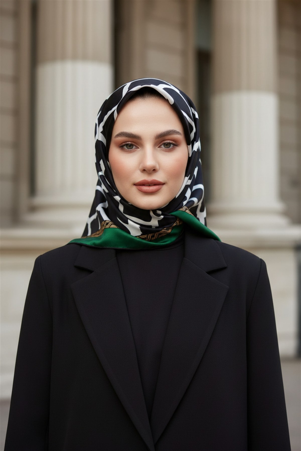%100 Twill Taş Desenli Siyah - Zümrüt Yeşilli Renkli 90x90 Eşarp Dikim Şekli: El Dikişi