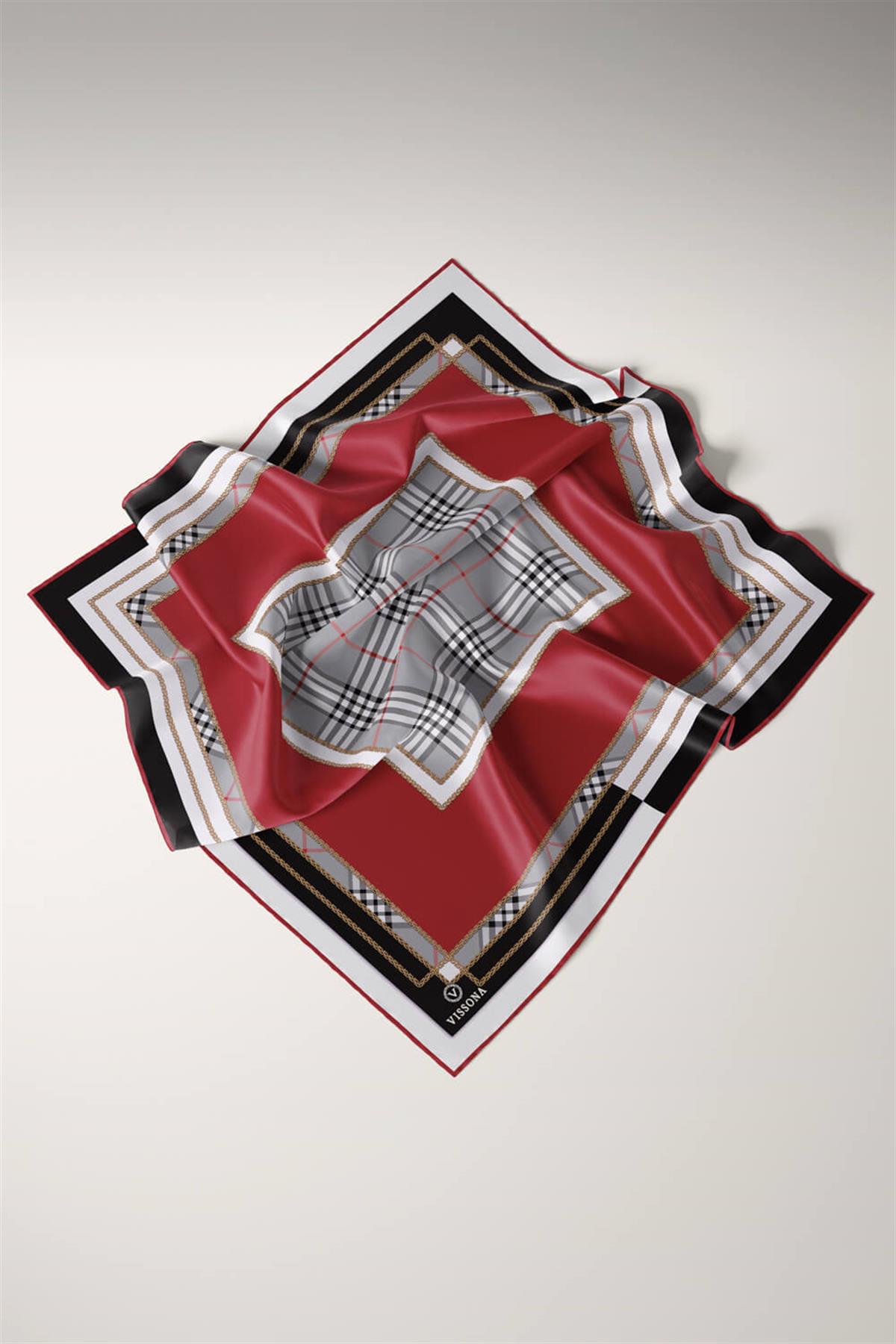 %100 Twill İpek Ekose Desenli Bordo Renkli 90x90 Eşarp Dikim Şekli : El Dikişi