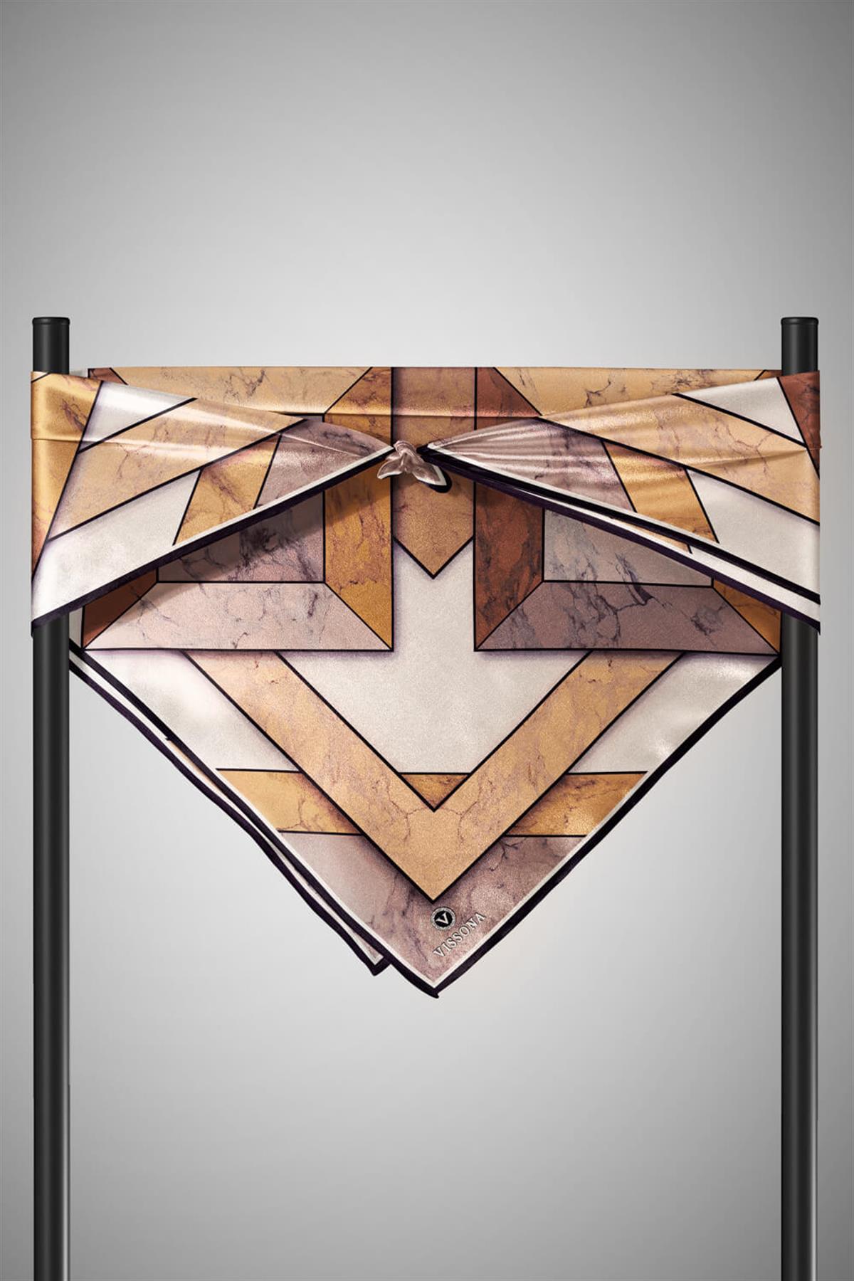 %100 Twill İpek Mermer Desenli Hardal - Bej Renkli 90x90 Eşarp Dikim Şekli : El Dikişi