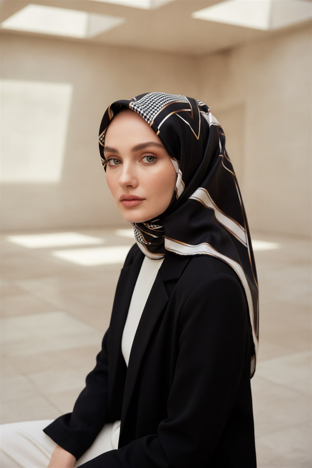 %100 Twill İpek Kareli Kazayaklı Desenli Siyah - Krem Renkli 90x90 Eşarp Kenar Dikiş Şekli El Dikişli