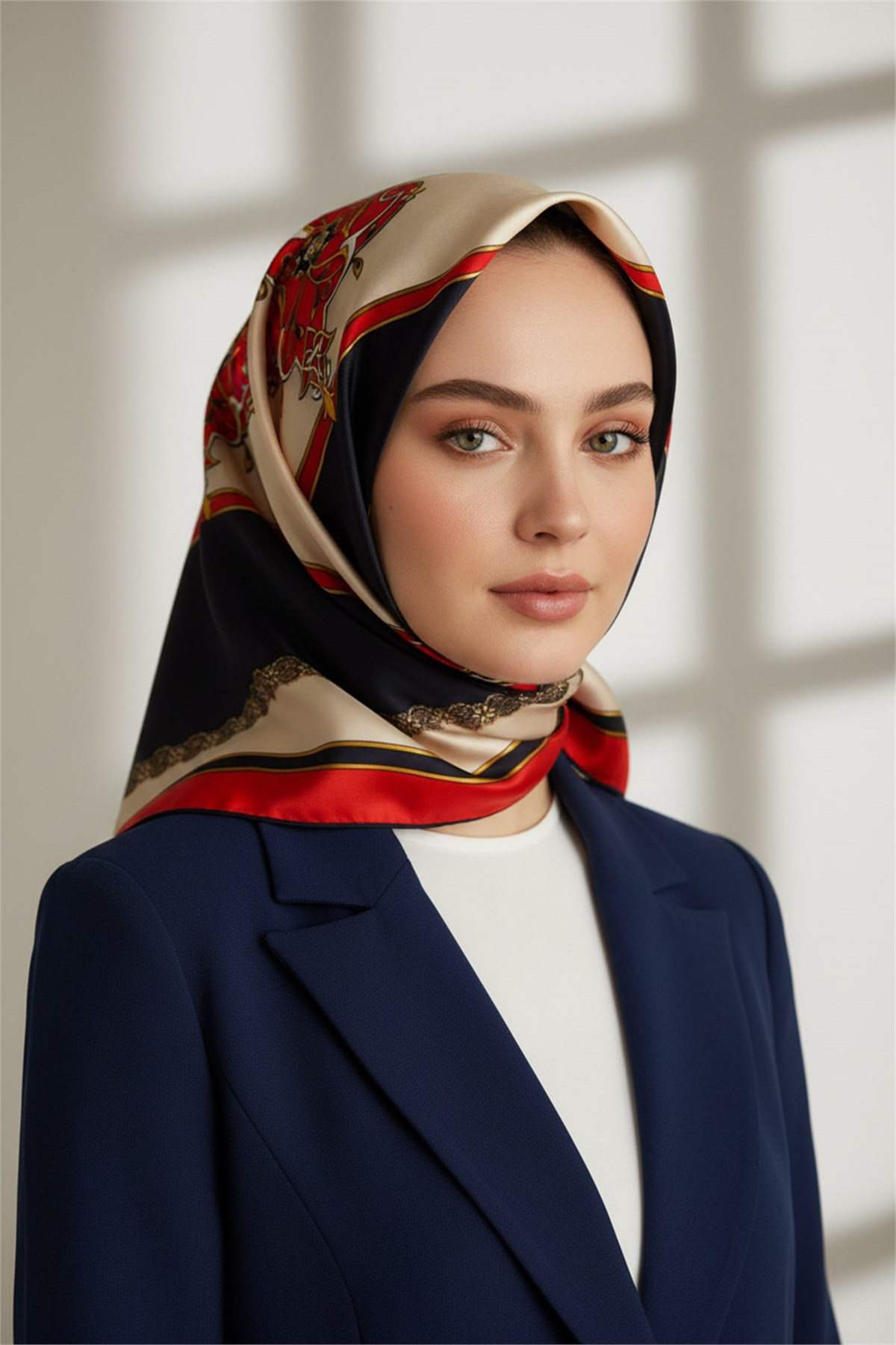 %100 Twill Barok Desenli Kırmızı - Lacivert Renkli 90x90 Eşarp Dikim Şekli: El Dikişi
