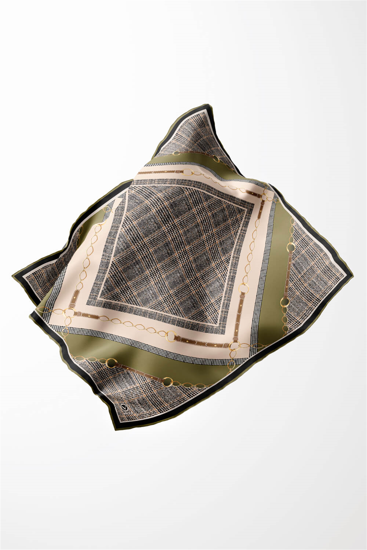 Twill Kemer ve Zincir Detaylı Ekose Desenli Haki Renkli 90x90 Eşarp (İpek İçermez) Kenar Dikiş Şekli El Dikişli