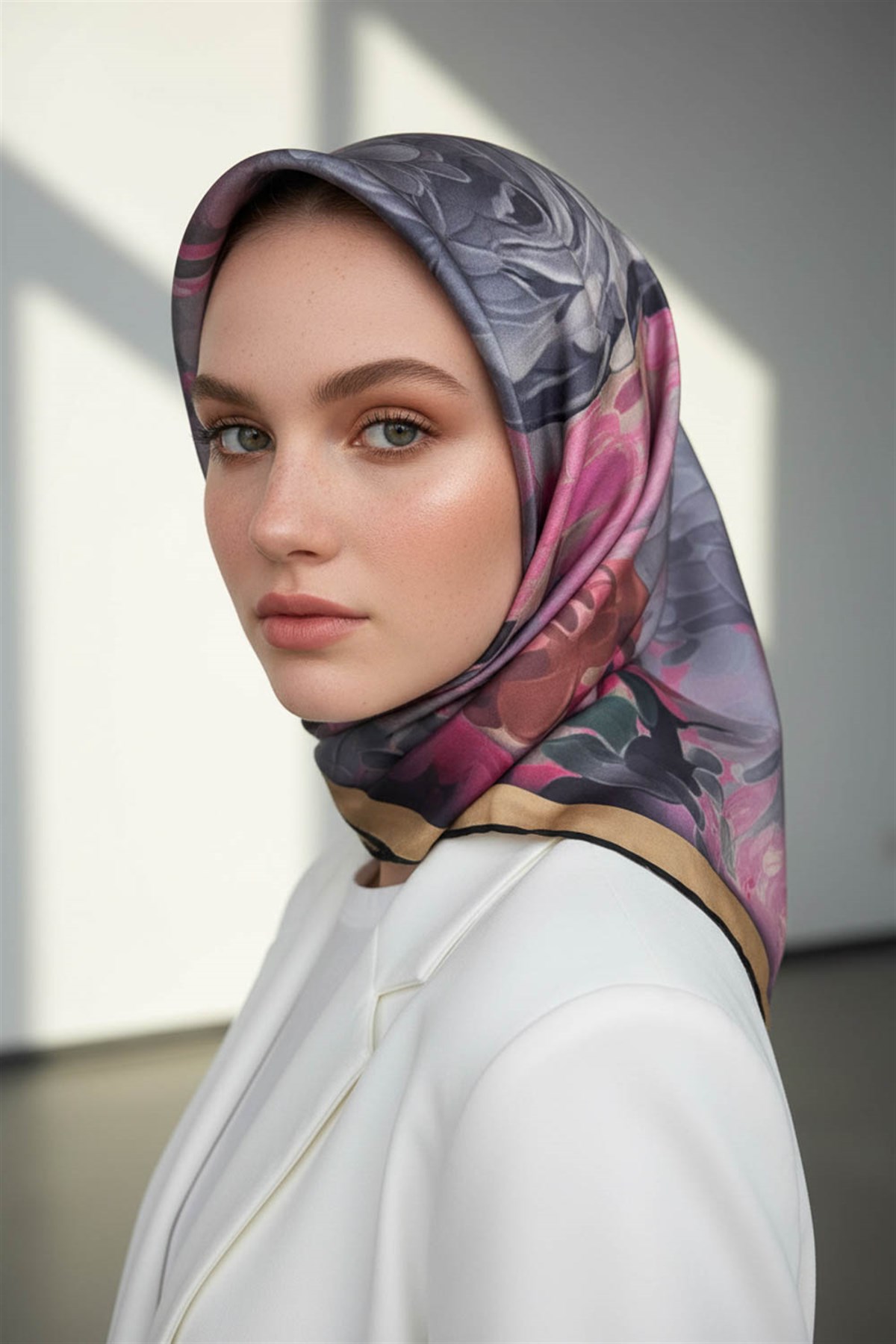 %100 Twill İpek Dumanlı Çiçek Desenli Gri - Saks Renkli 90x90 Eşarp Kenar Dikiş Şekli El Dikişli