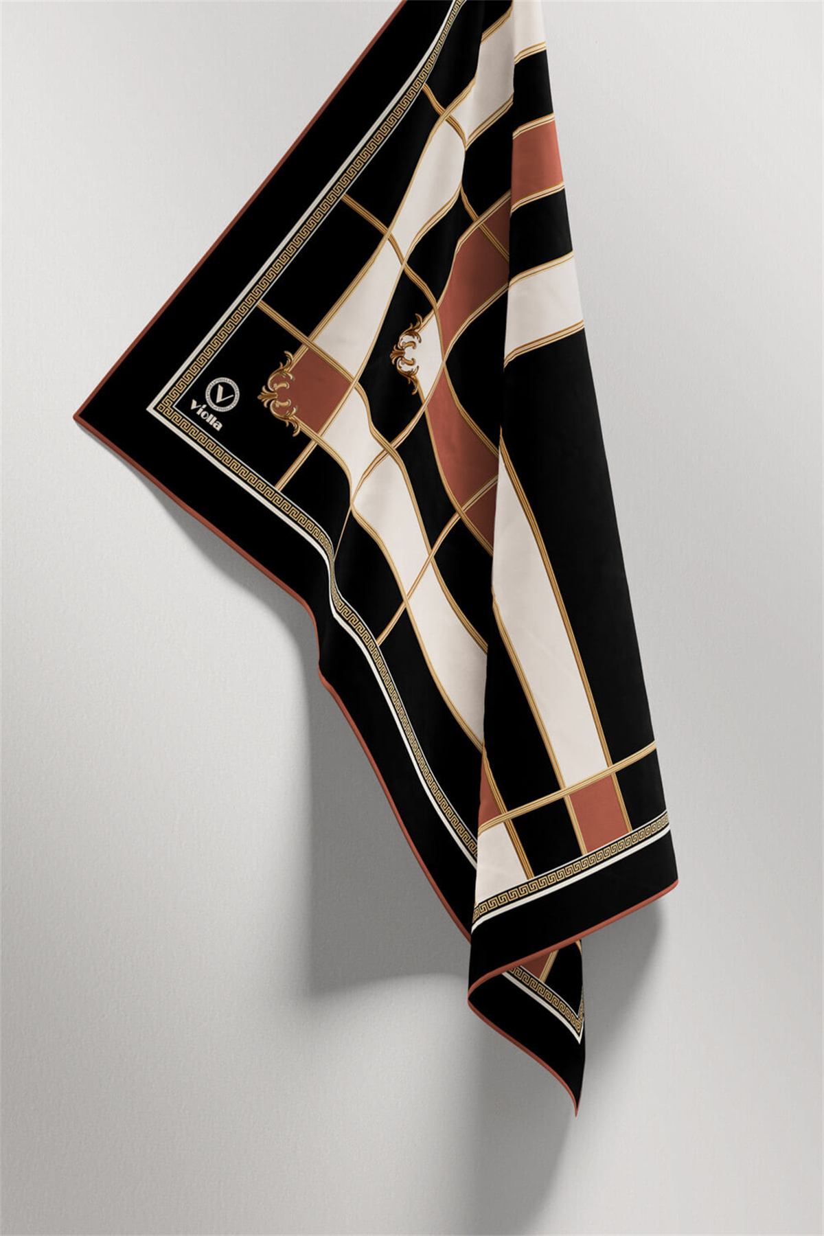 Twill Gold Detaylı Kareli Desenli Bakır Renkli 90x90 Eşarp (İpek İçermez) Kenar Dikiş Şekli El Dikişli