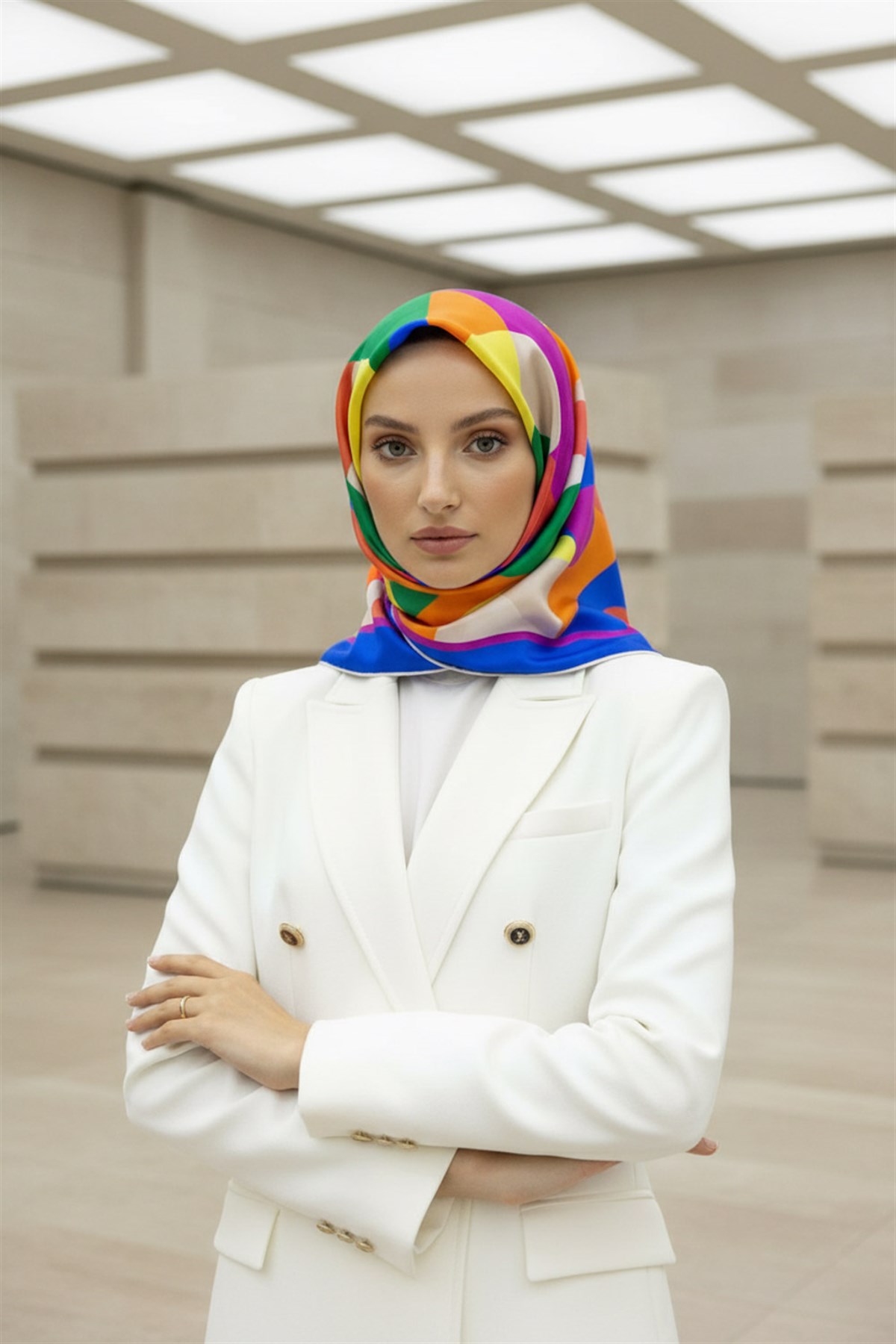 %100 Twill Renk Bloklu Çizgili Desenli Saks - Turuncu Renkli 90x90 Eşarp Dikim Şekli: El Dikişii