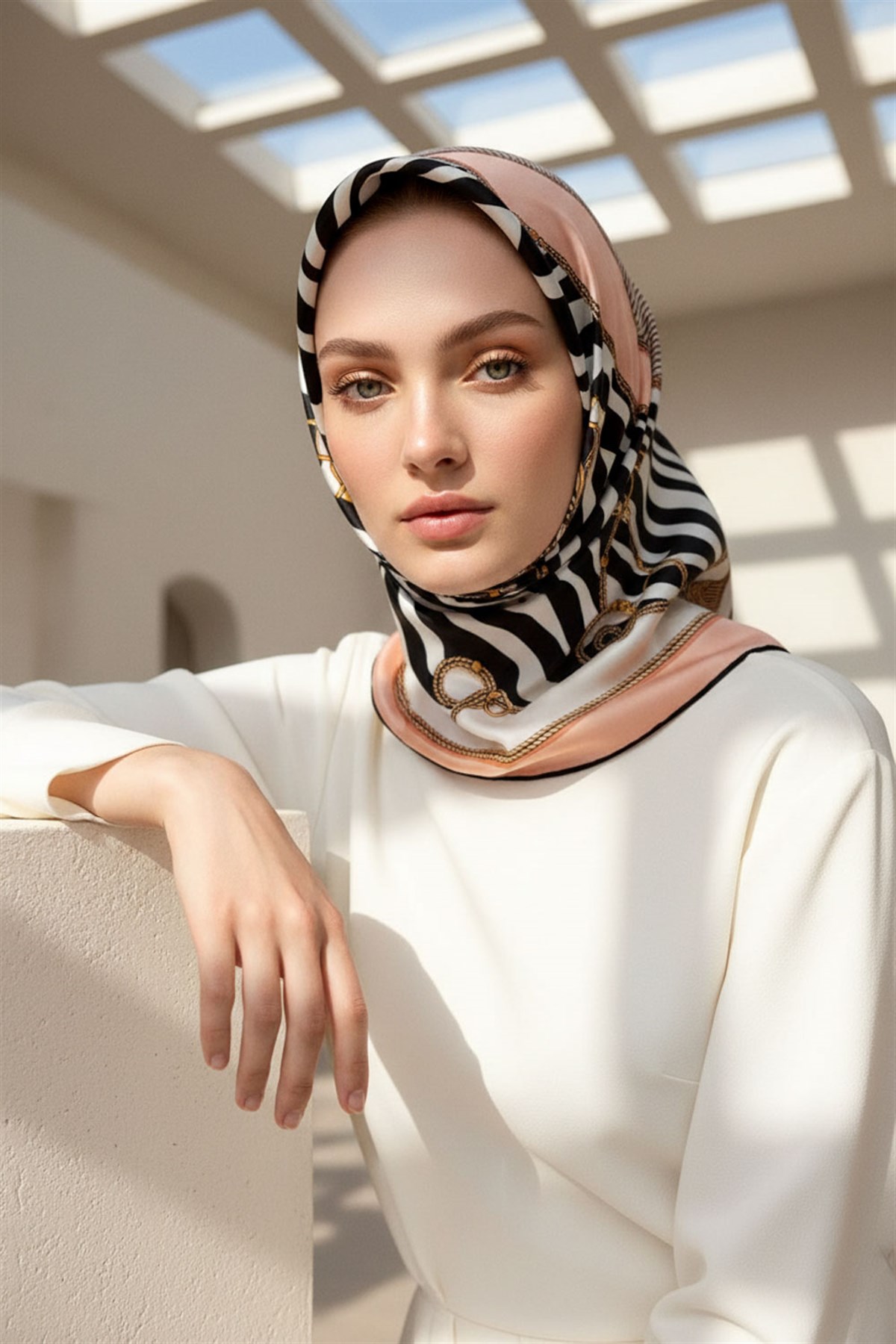 %100 Twill İpek Zincirli Ve Zebra Desenli Pudra - Krem Renkli 90x90 Eşarp Dikim Şekli : El Dikişi