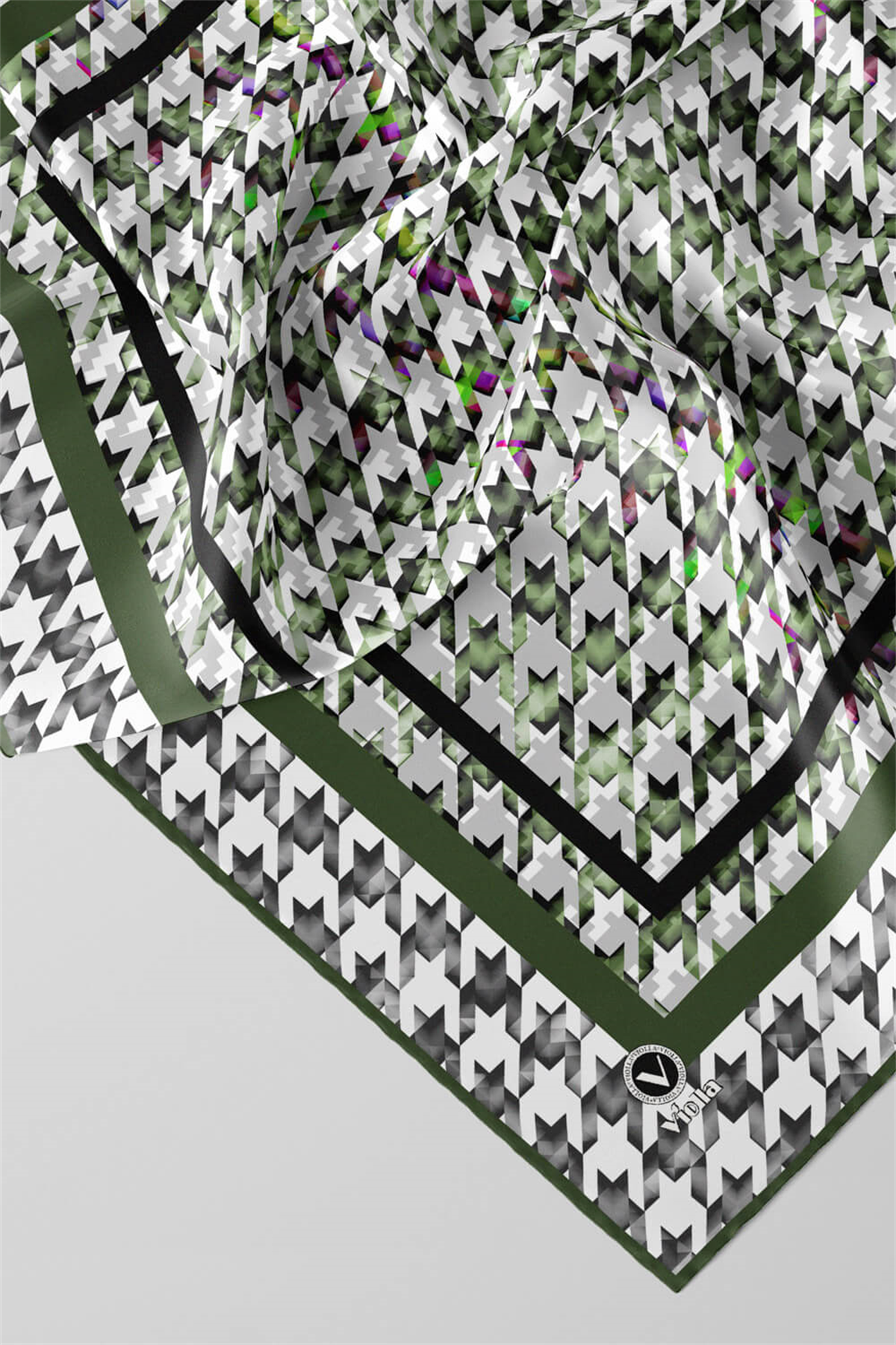 Twill Kazayağı Desenli Haki Renkli 90x90 Eşarp (İpek İçermez) Kenar Dikiş Şekli El Dikişli