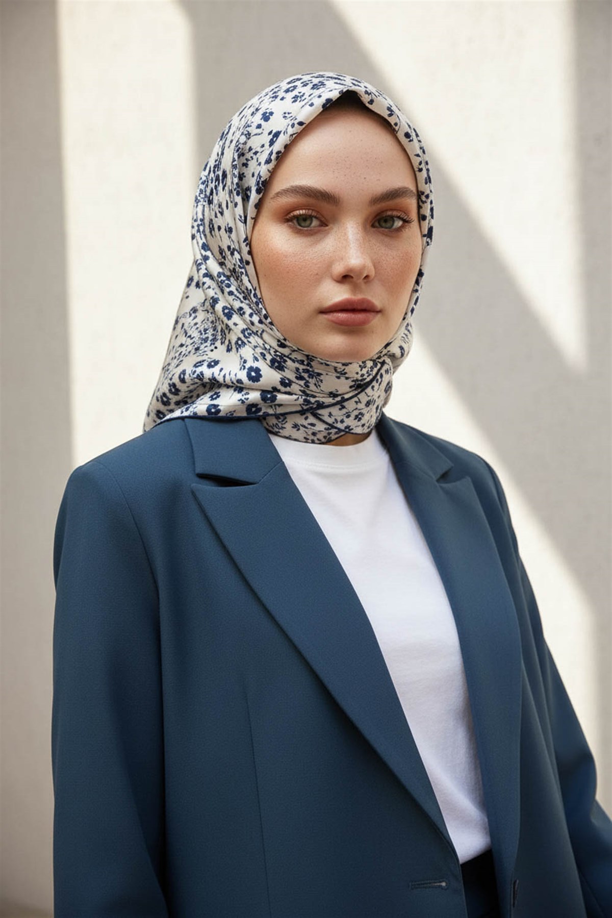%100 Twill İpek Çıtır Çiçek Desenli Krem - Lacivert Renkli 90x90 Eşarp Dikim Şekli : El Dikişi