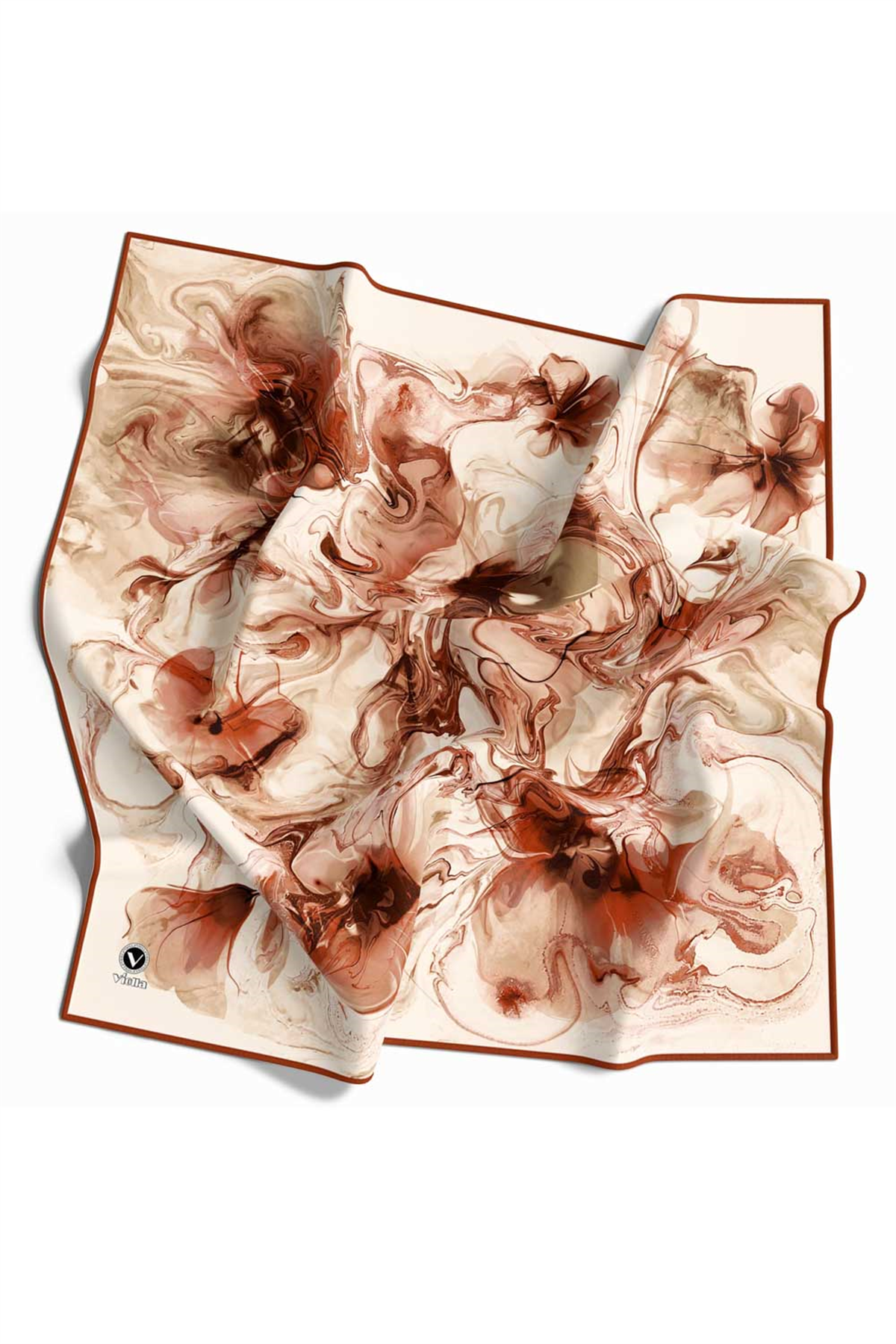Twill Soyut Desenli Taba Renkli 90x90 Eşarp (İpek İçermez) Kenar Dikiş Şekli El Dikişli