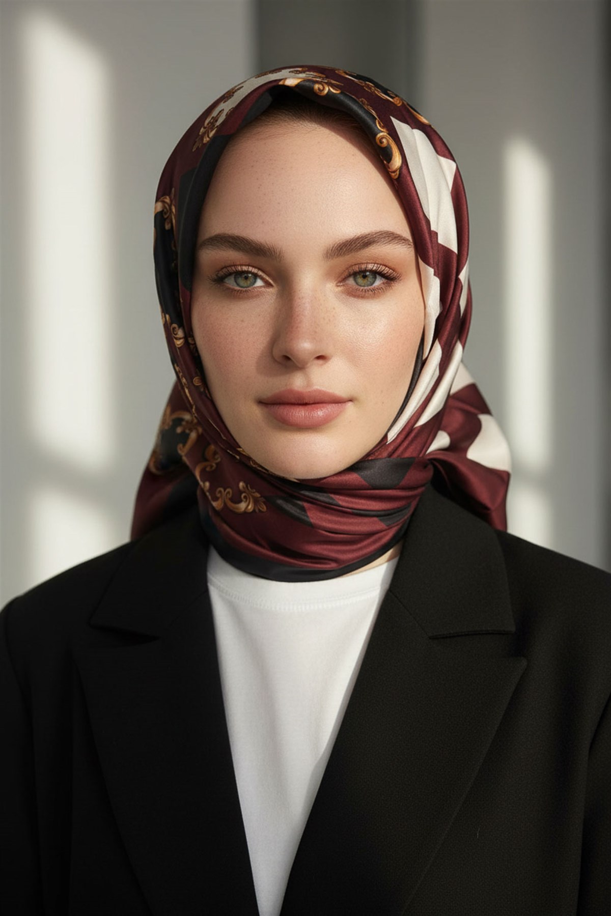 Twill Gold Detaylı Kare Desenli Siyah - Bordo Renkli 90x90 Eşarp (İpek İçermez) Kenar Dikiş Şekli El Dikişli