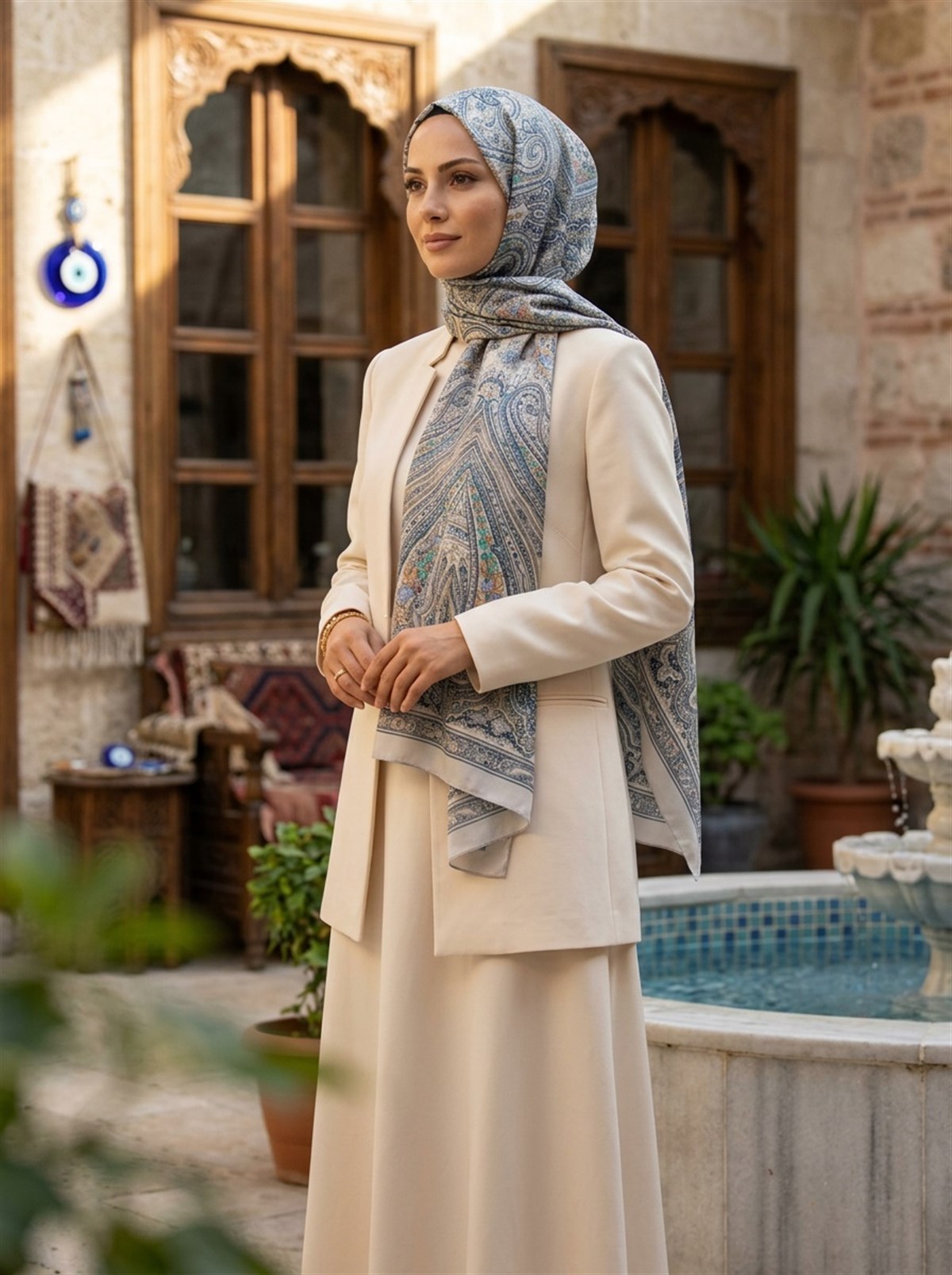 %100 İpek Etro Desenli Gri Renkli 92x210 Şal