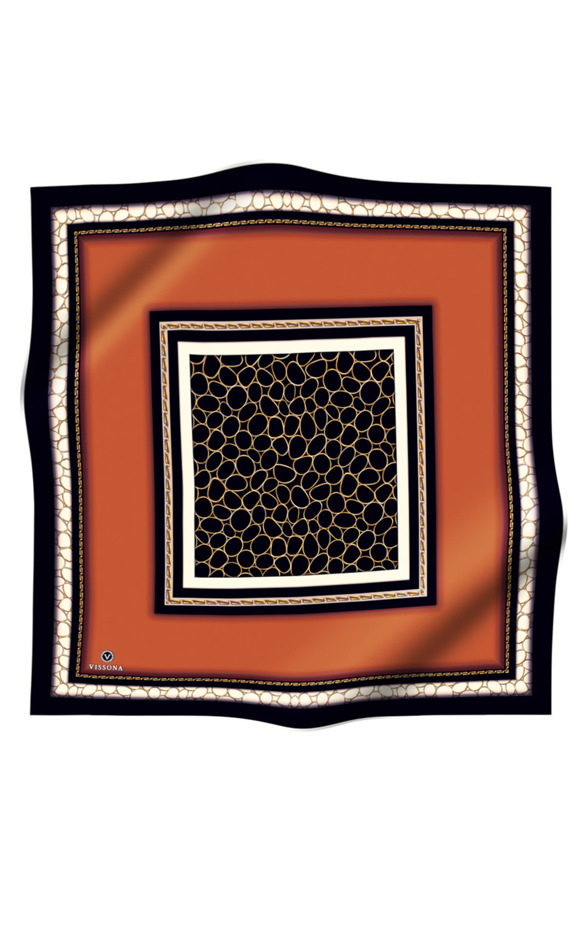 % 57 İPEK % 43 VİSKON Twill İpek Gold Halka Desenli Taba - Siyah Renkli 90x90 Eşarp Dikim Şekli : El Dikişi