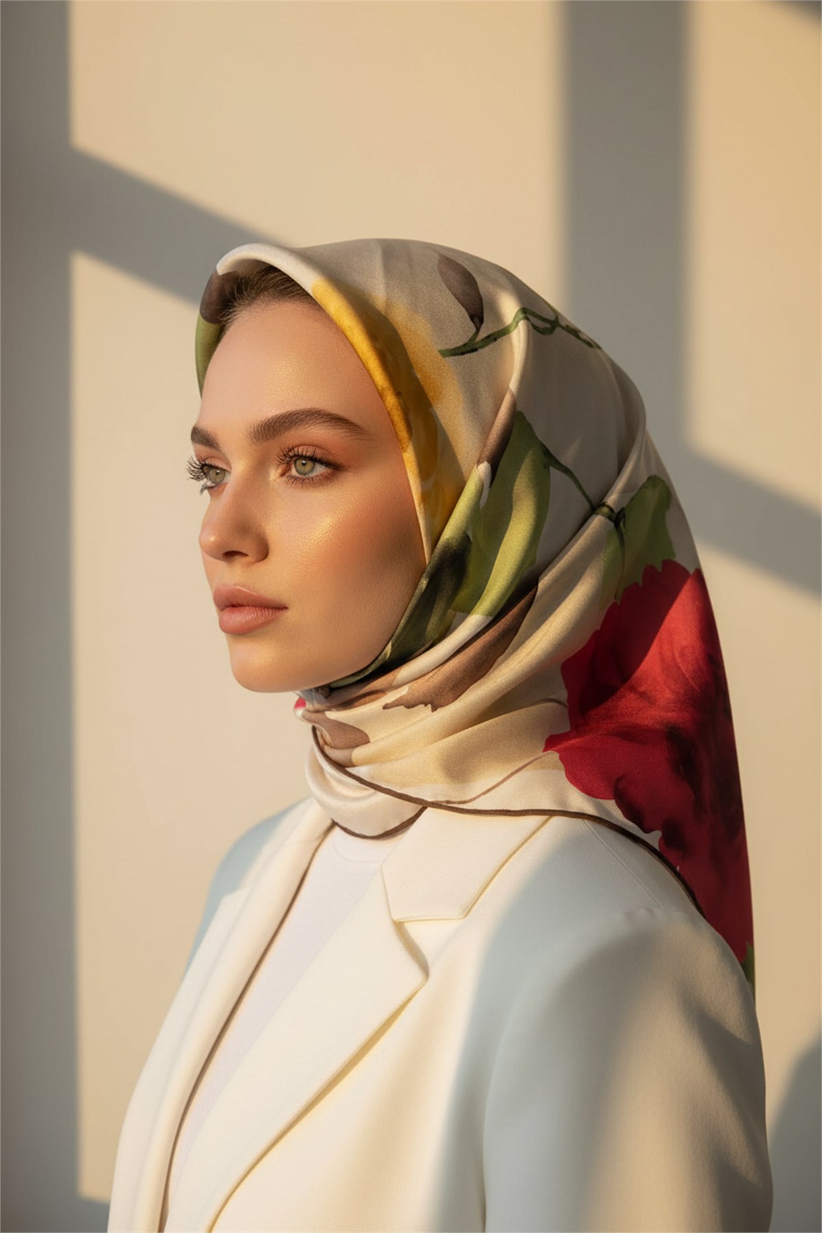%100 Twill İpek Büyük Çiçek Desenli 90x90 Eşarp Dikim Şekli : El Dikişi