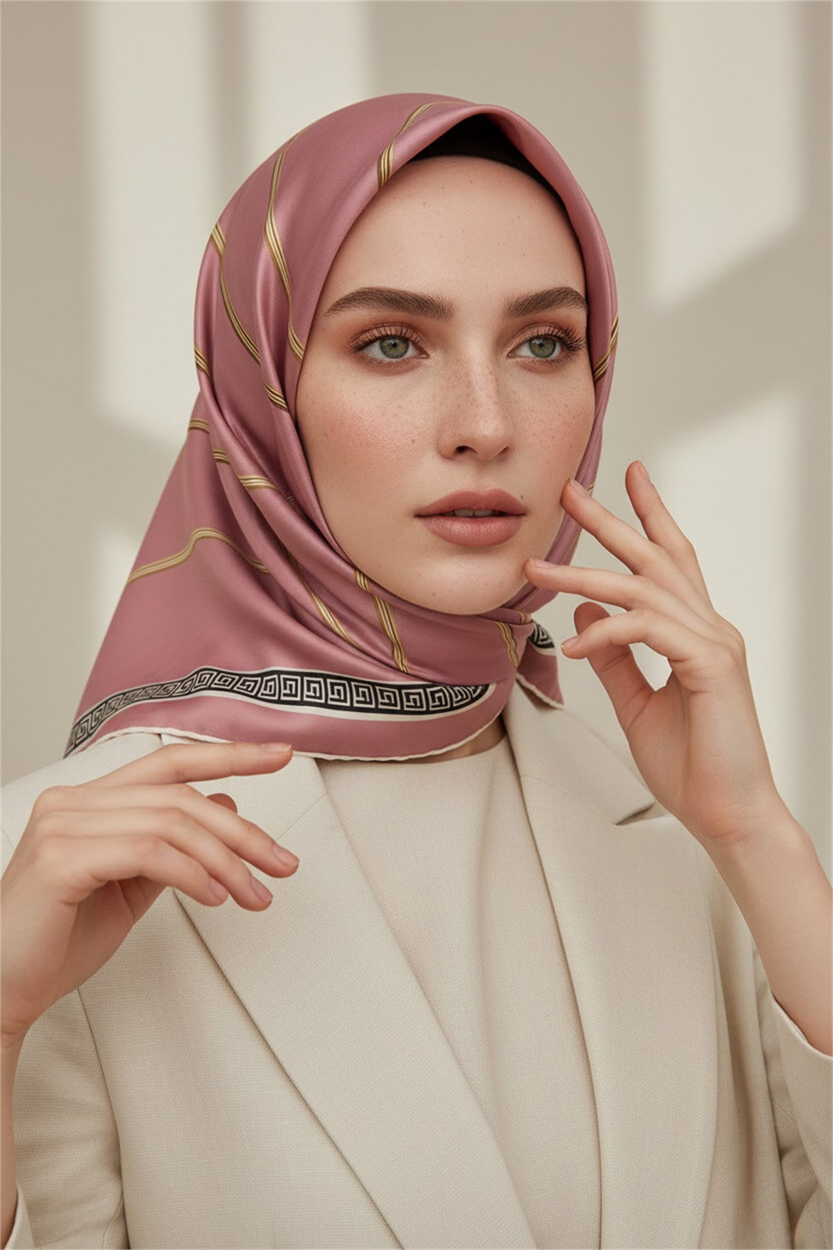 Twill Gold Detaylı Kareli Desenli Pudra Renkli 90x90 Eşarp (İpek İçermez) Kenar Dikiş Şekli El Dikişli