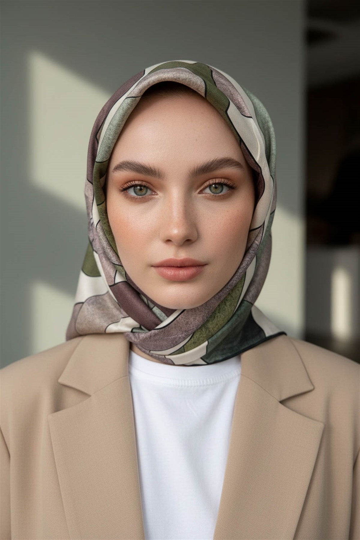 %100 Twill İpek Geometrik Desenli Bakır - Haki Renkli 90x90 Eşarp Dikim Şekli : El Dikişi