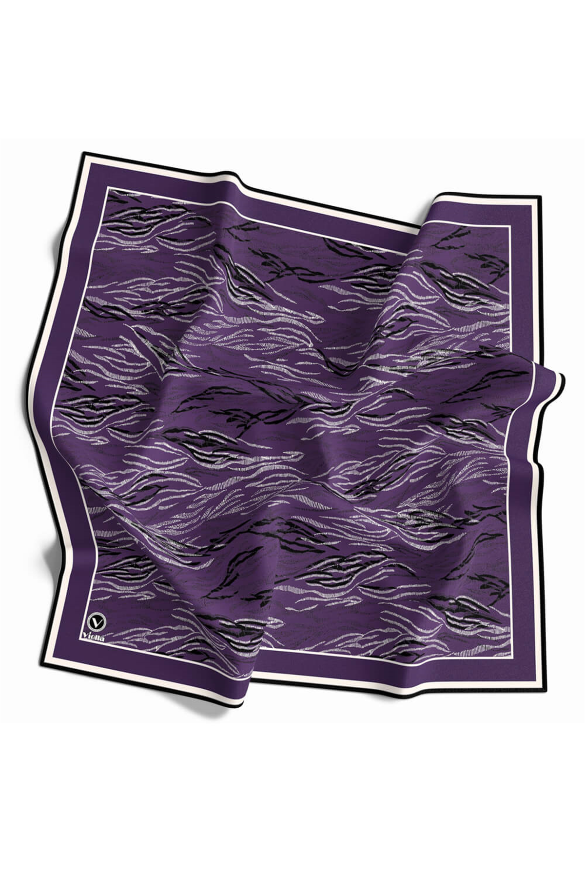 Twill Soyut Çizgi Desenli Mor Renkli 90x90 Eşarp (İpek İçermez) Kenar Dikiş Şekli El Dikişli
