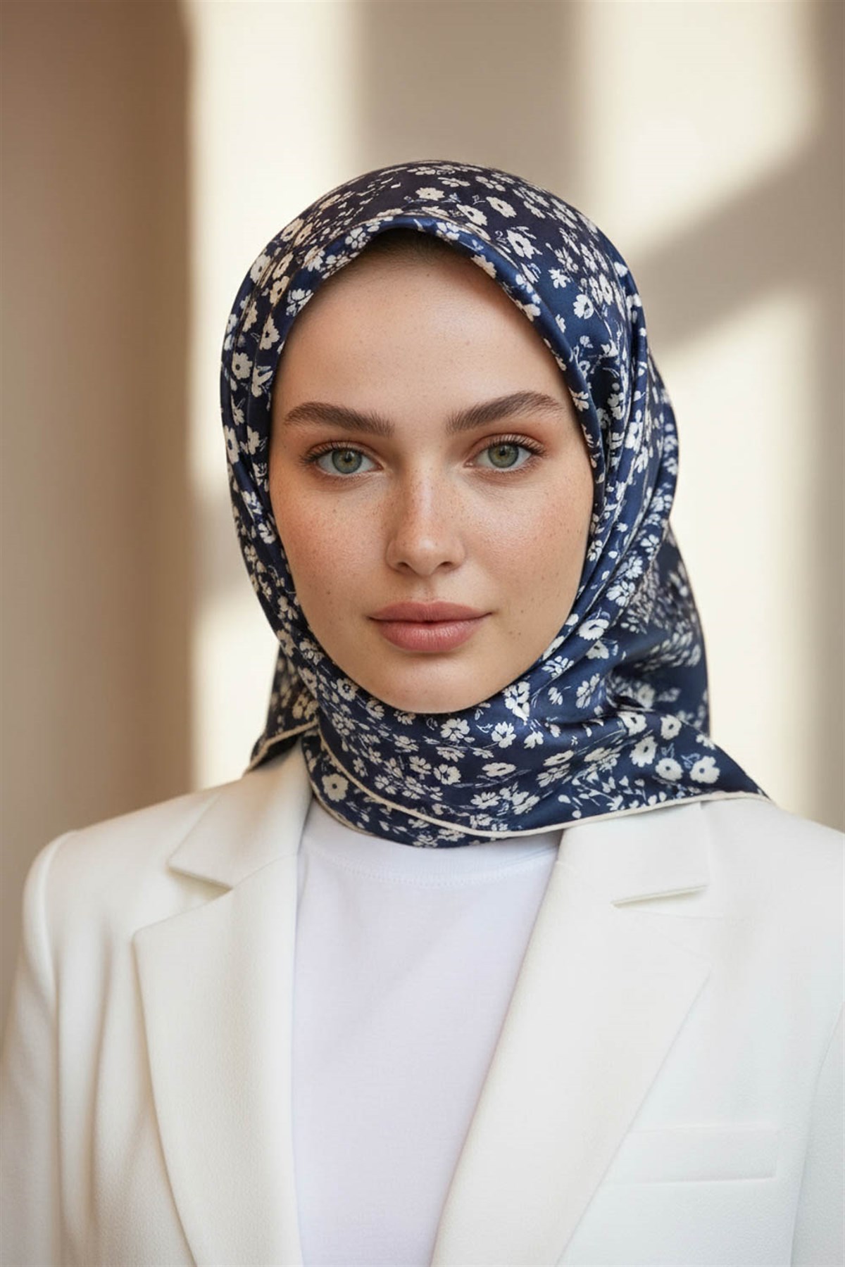 %100 Twill İpek Çıtır Çiçek Desenli Lacivert - Krem Renkli 90x90 Eşarp Dikim Şekli : El Dikişi