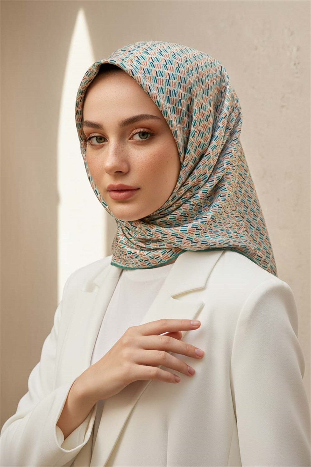 %100 Twill İpek Çizgi Desenli Mint Yeşili Renkli 90x90 Eşarp Dikim Şekli : El Dikişi