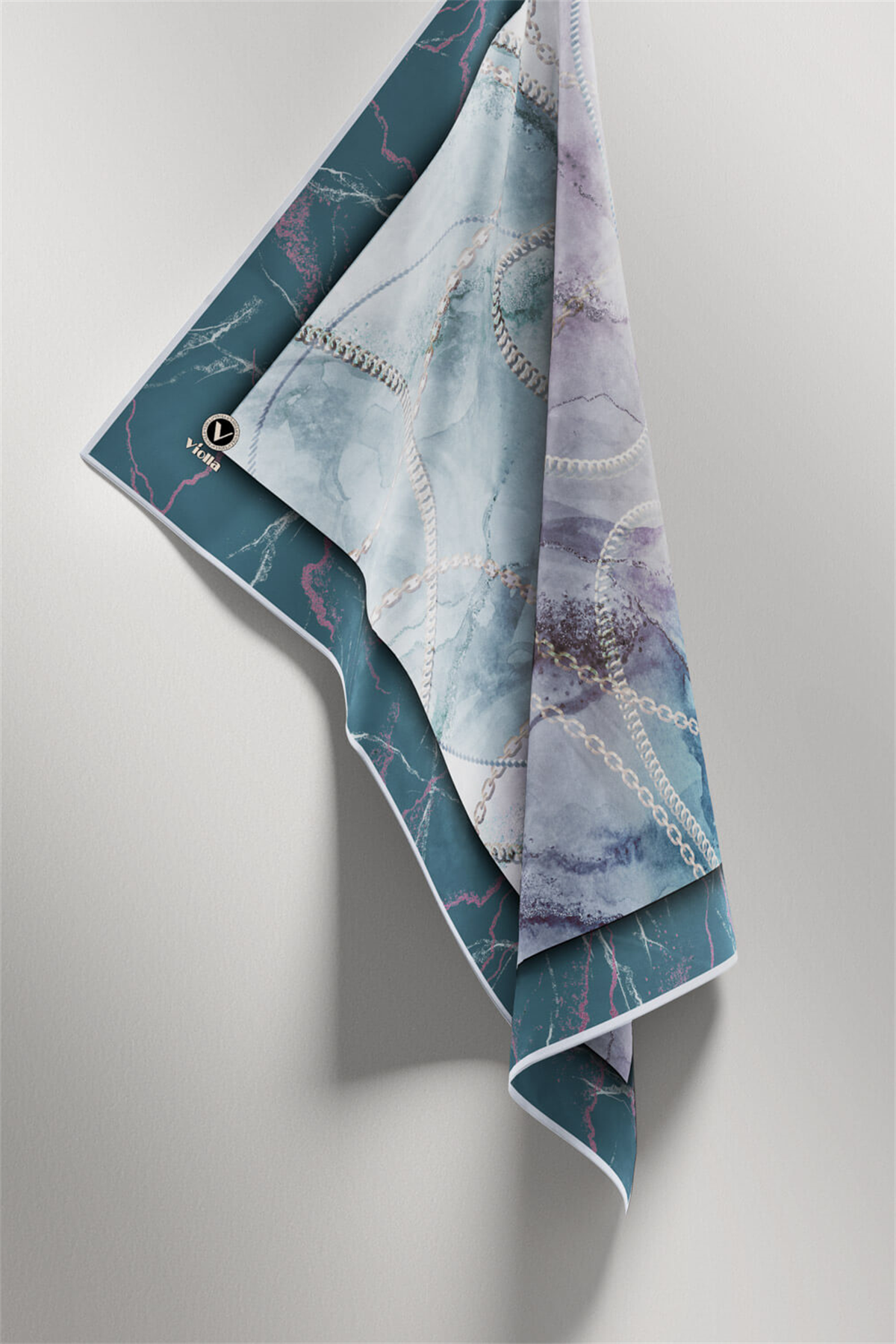 Twill Mermer ve Zincir Desenli Petrol Yeşili Renkli 90x90 Eşarp (İpek İçermez) Kenar Dikiş Şekli El Dikişli