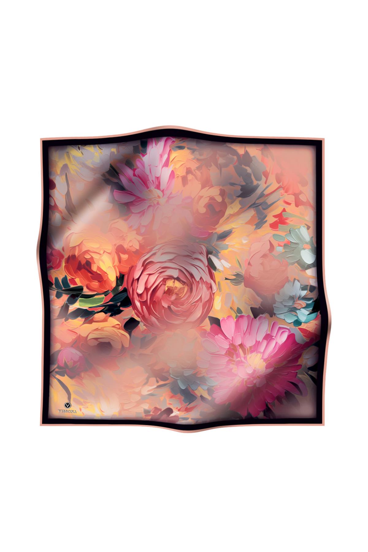 %100 Twill İpek Dumanlı Çiçek Desenli Somon Renkli 90x90 Eşarp Kenar Dikiş Şekli El Dikişli