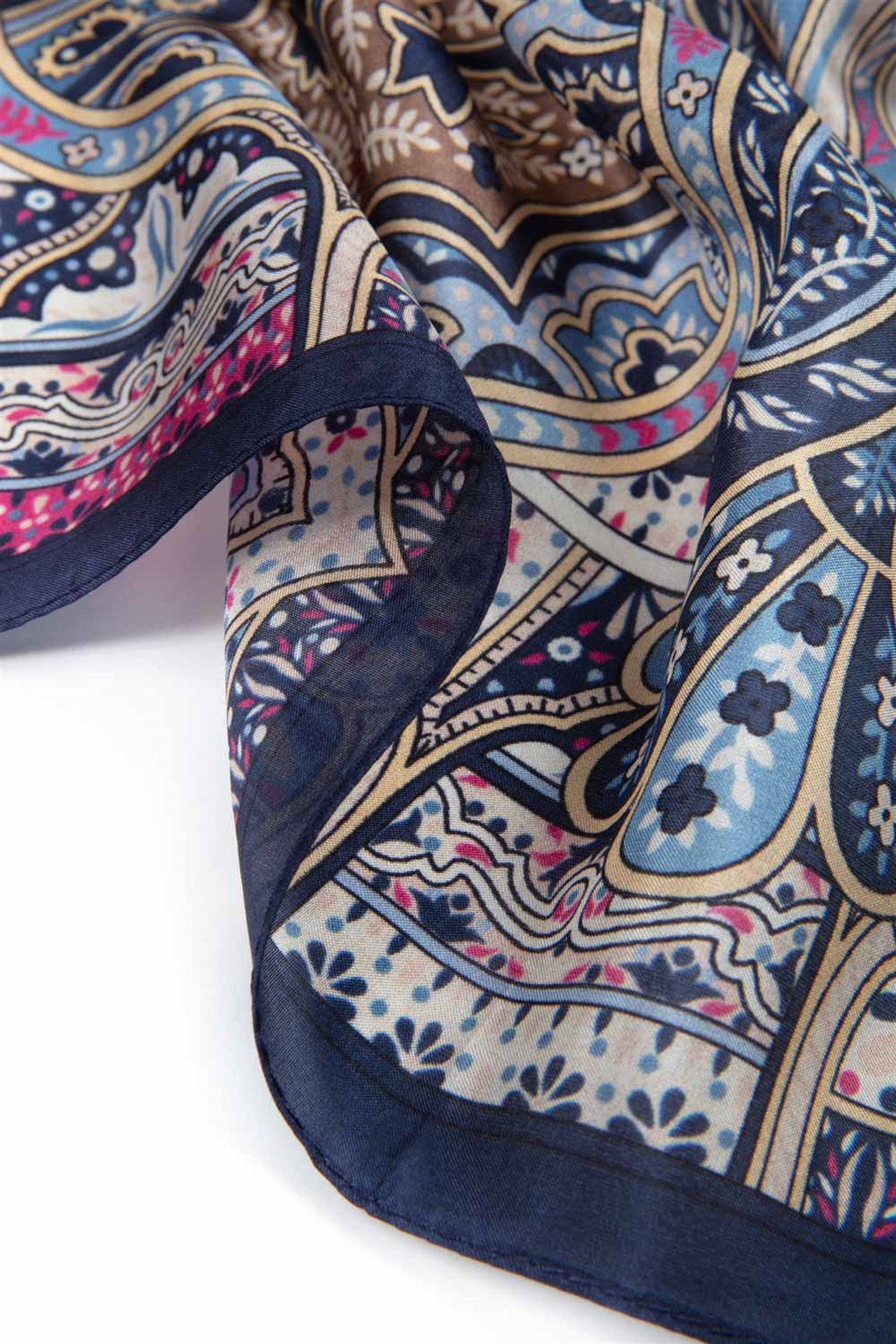 100% İpek Etro Desenli Lacivert - Gold Renkli 92x210 Şal