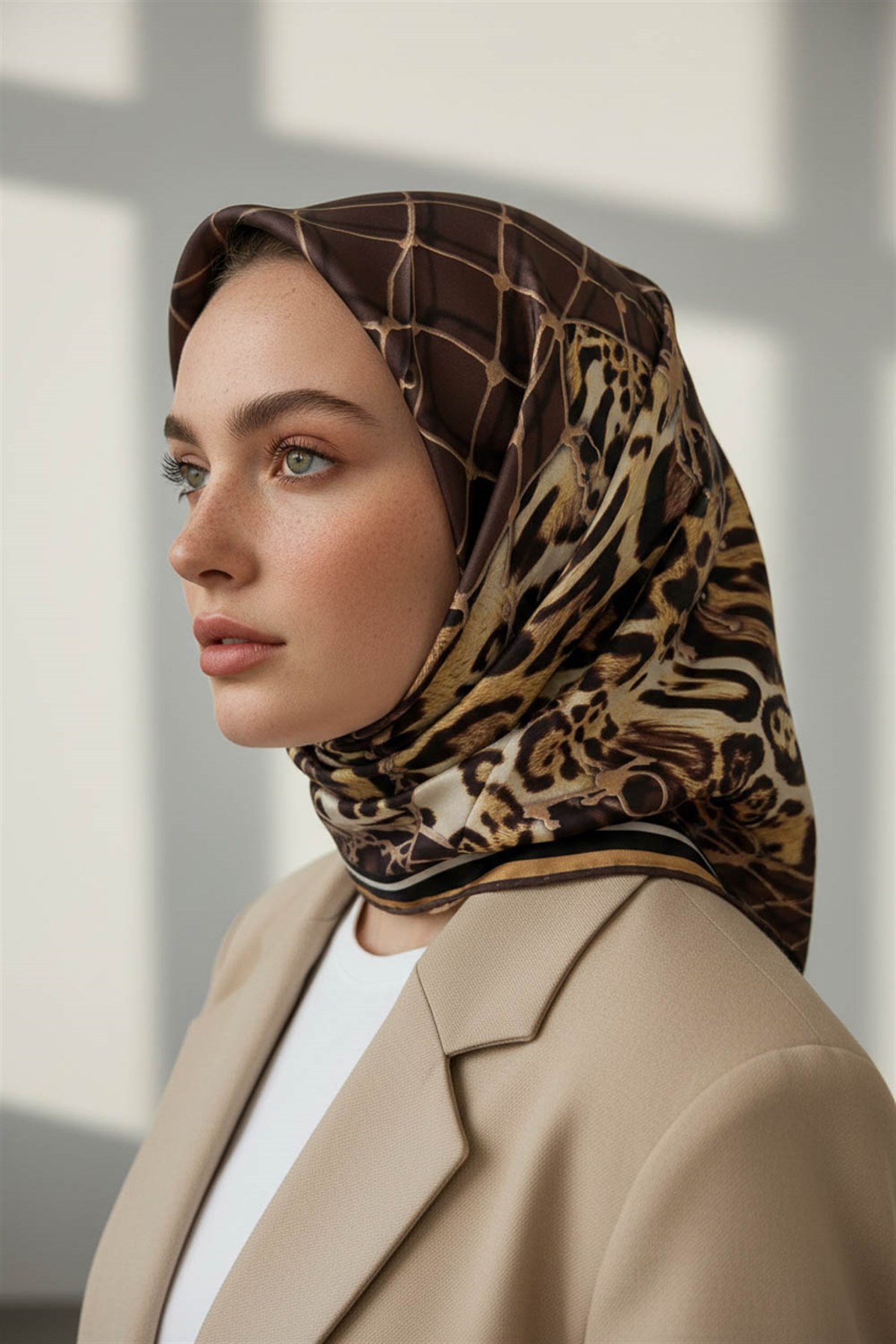 %100 Twill İpek Leopar Desenli Sütlükahverengi Renkli 90x90 Eşarp Dikim Şekli : El Dikişi