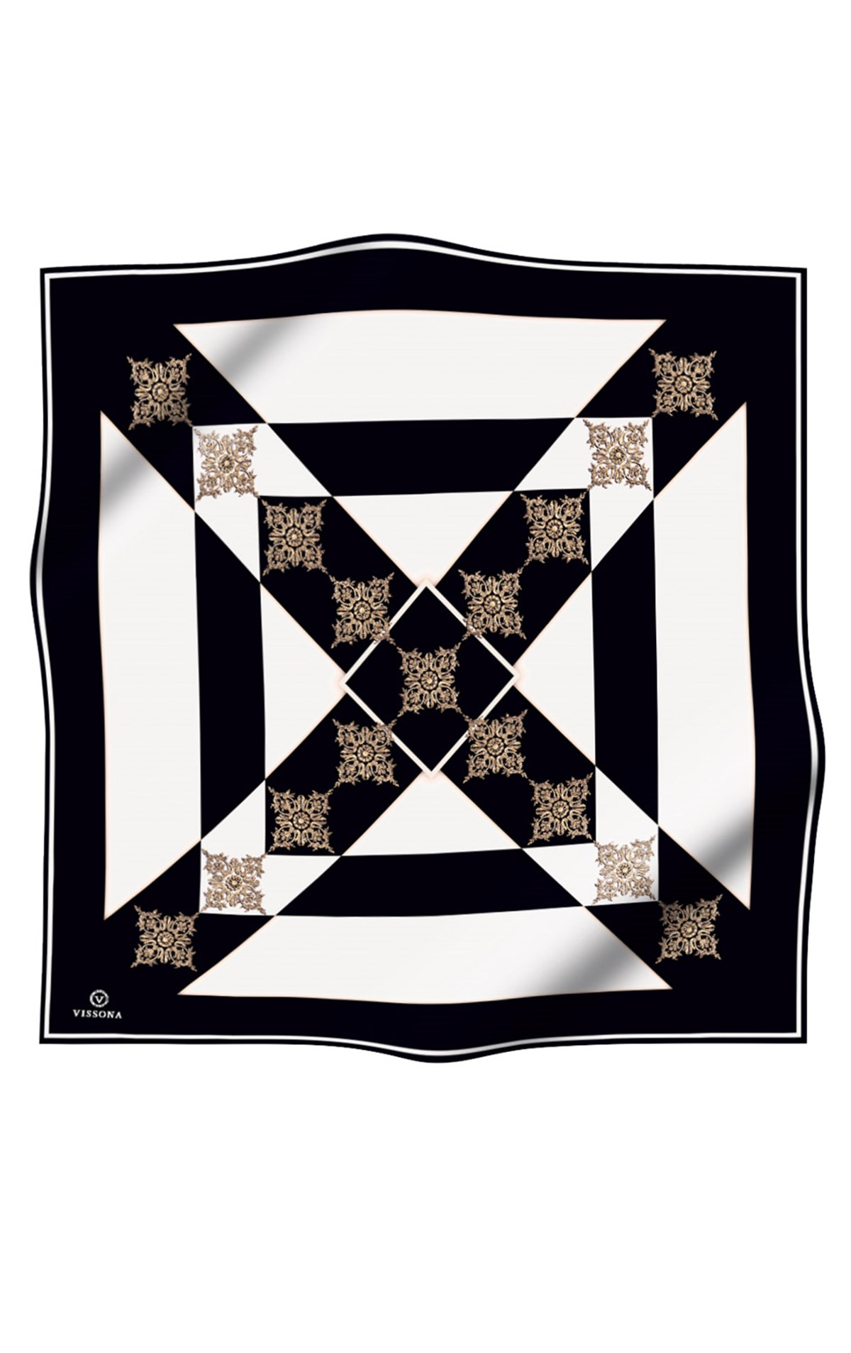 %100 Twill İpek Geometrik ve Barok Desenli Siyah - Krem Renkli 90x90 Eşarp Dikim Şekli : El Dikişi