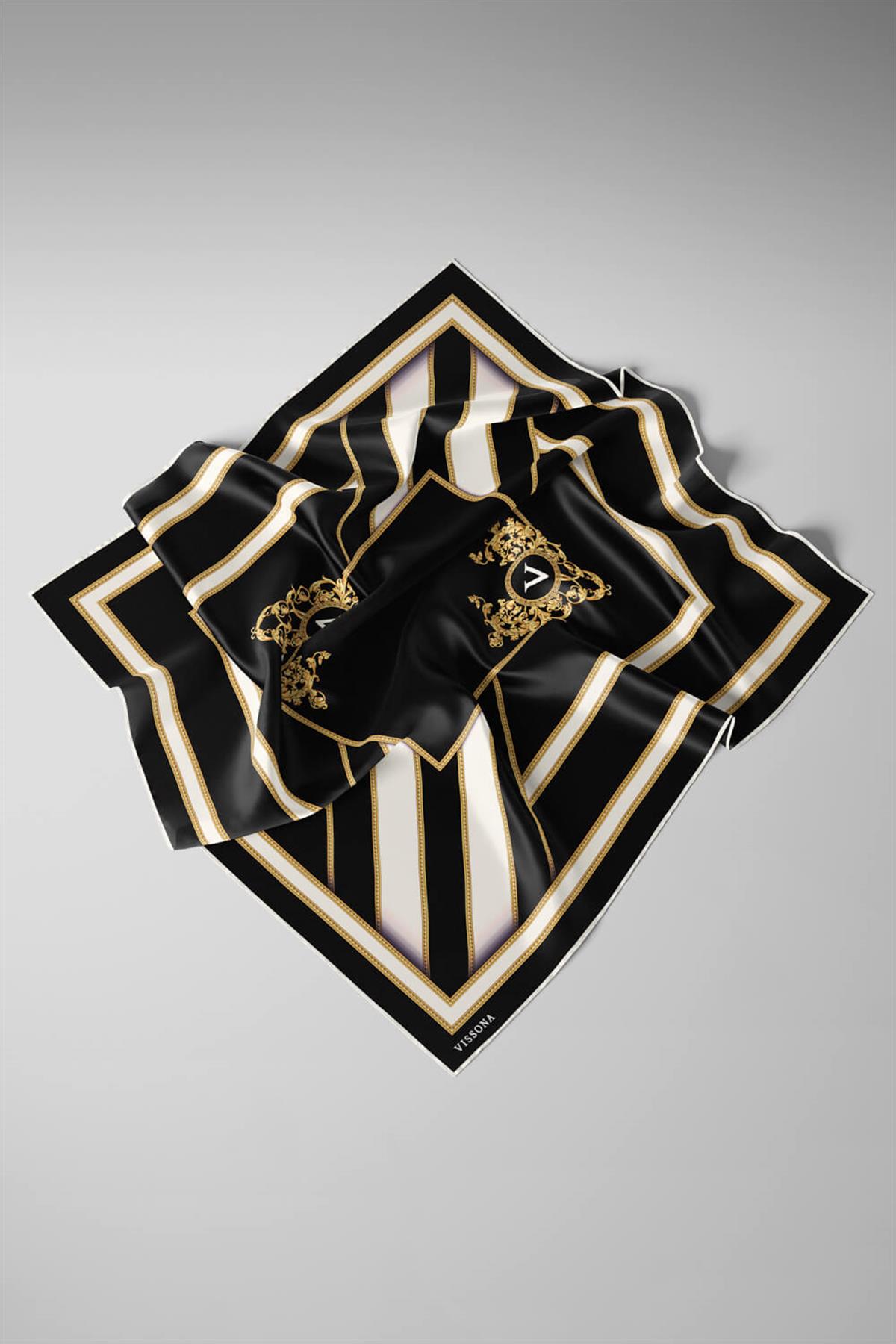 %100 Twill İpek Baroklu Ve Geometrik Desenli Siyah - Krem Renkli 90x90 Eşarp Dikim Şekli : El Dikişi